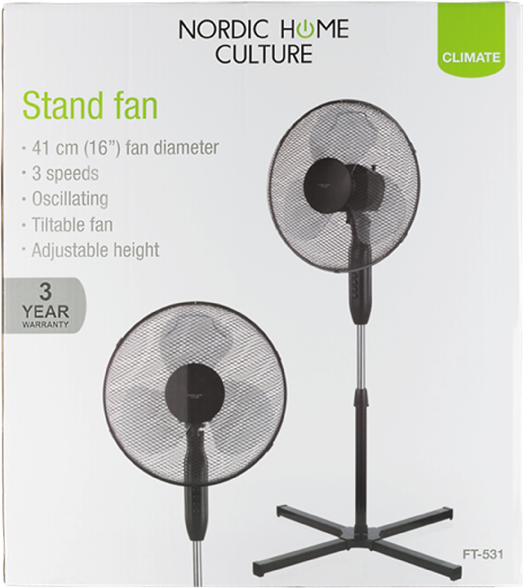 Standventilator, schwarz, weißer Hintergrund.
