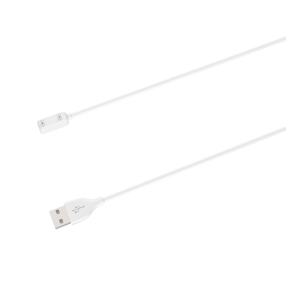 Ein weißes USB-Ladekabel. Es hat einen USB-Anschluss und einen magnetischen Ladekopf.