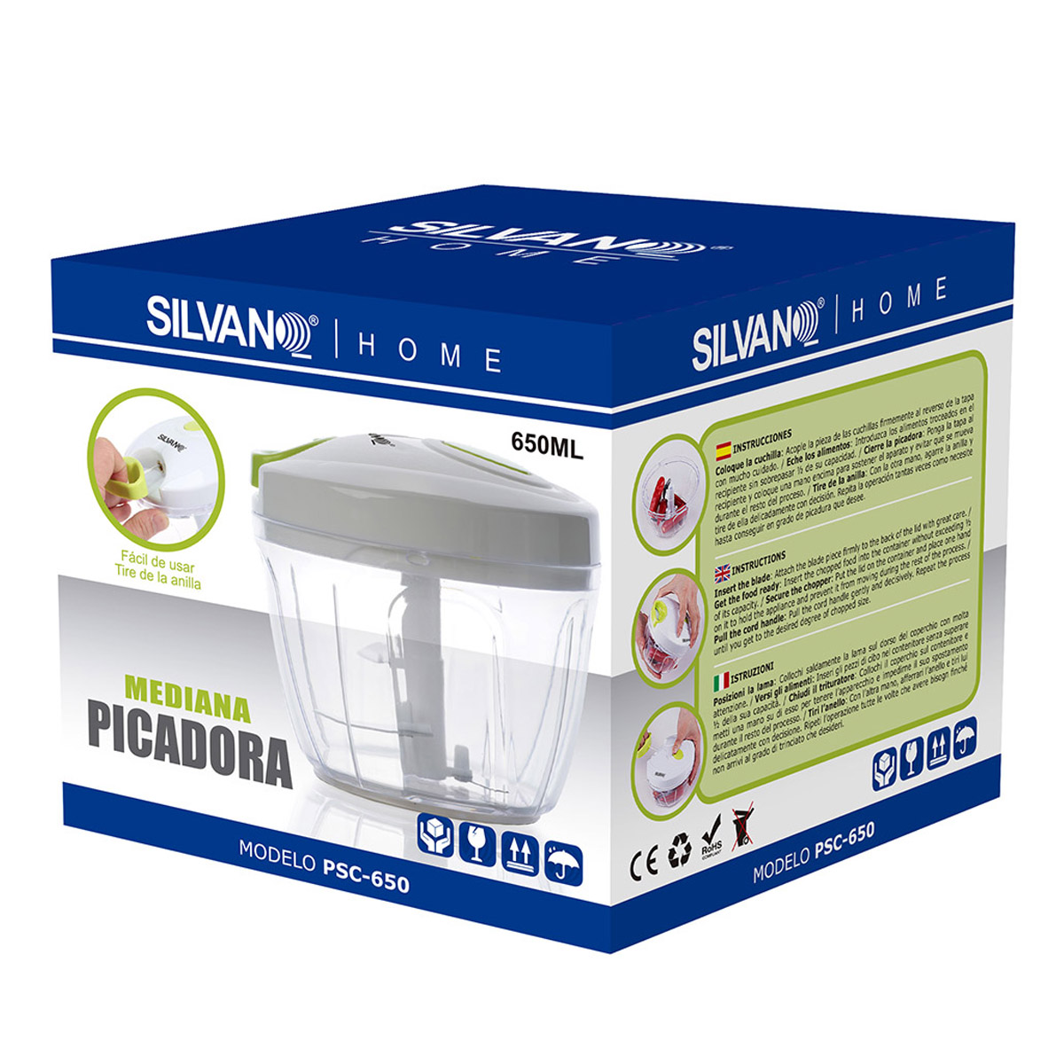 Picadora de alimentos de plástico blanco y transparente en caja, con instrucciones y una imagen del producto en uso.