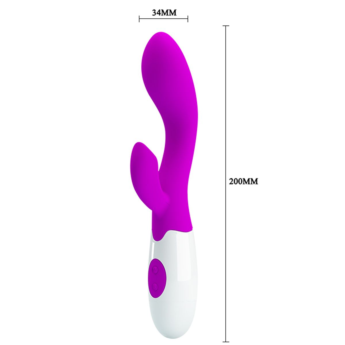 Ein lila-weißes Sexspielzeug mit zwei Köpfen und einem abgerundeten Sockel. Es ist 200 mm lang und 34 mm breit.