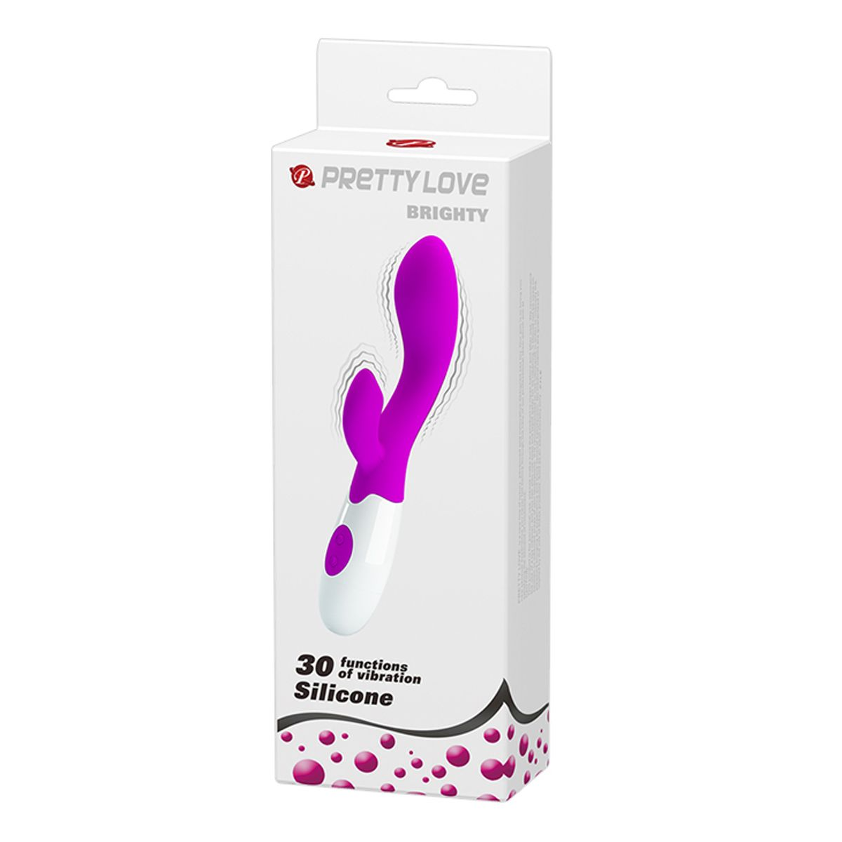 Eine weiße Schachtel mit einem lila Sexspielzeug. Auf der Schachtel steht Pretty Love, Brighty, 30 Funktionen und Silikon.