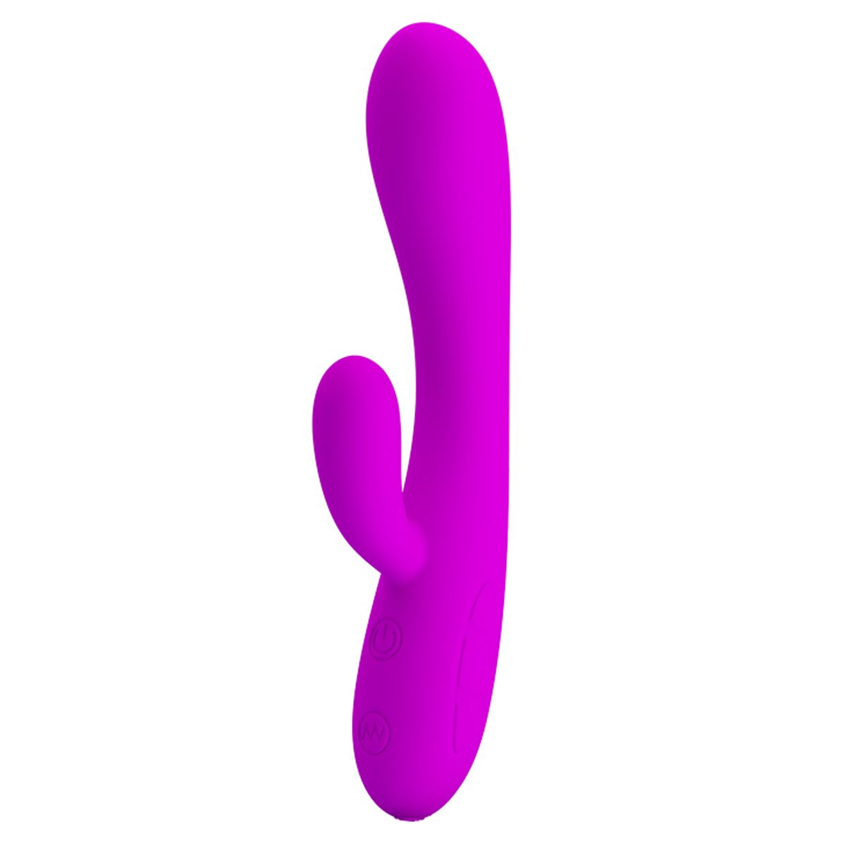 Ein lila Sexspielzeug ist vor weißem Hintergrund isoliert. Es hat eine gebogene Form mit einem kleinen Kopf und einem größeren Körper.
