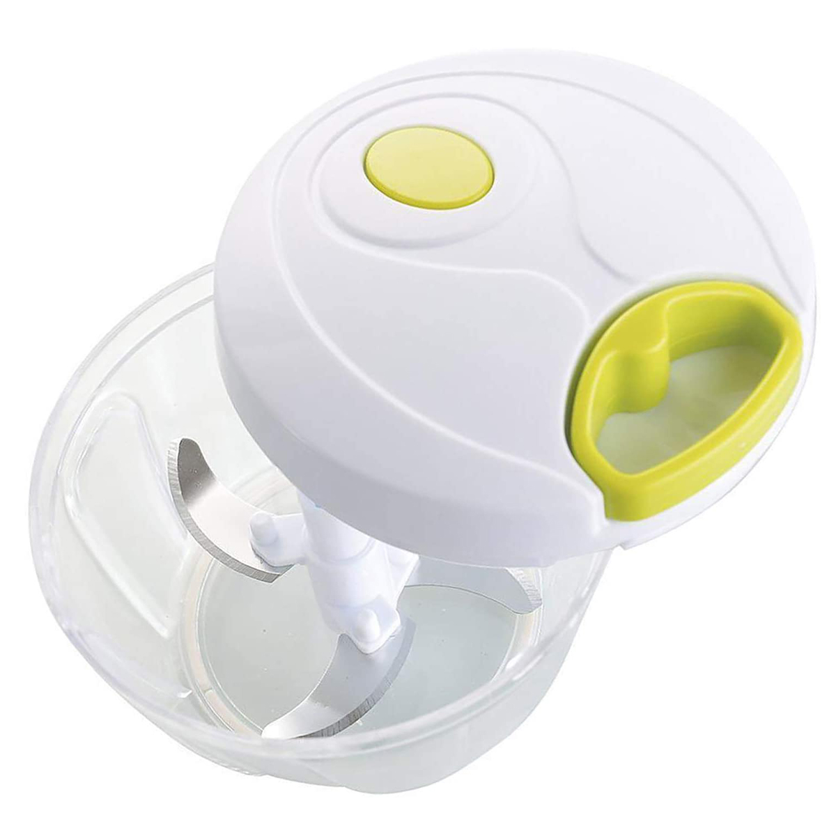 Un picador de alimentos manual blanco y verde con cuchillas dentro y un asa, aislado sobre una superficie blanca.