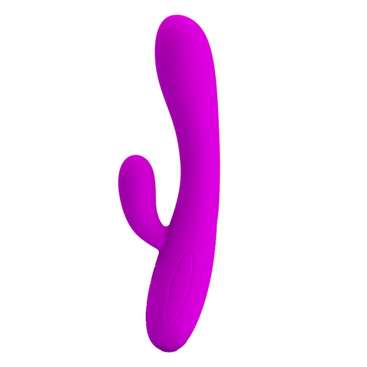 Ein magentafarbenes Sexspielzeug auf weißem Hintergrund. Es hat eine geschwungene Form mit einer kleineren, abgerundeten Verlängerung.