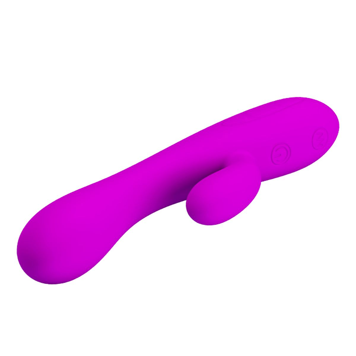 Ein lila Sexspielzeug auf weißem Hintergrund. Es hat eine gebogene Form mit zwei abgerundeten Enden und einem kleineren Vorsprung.