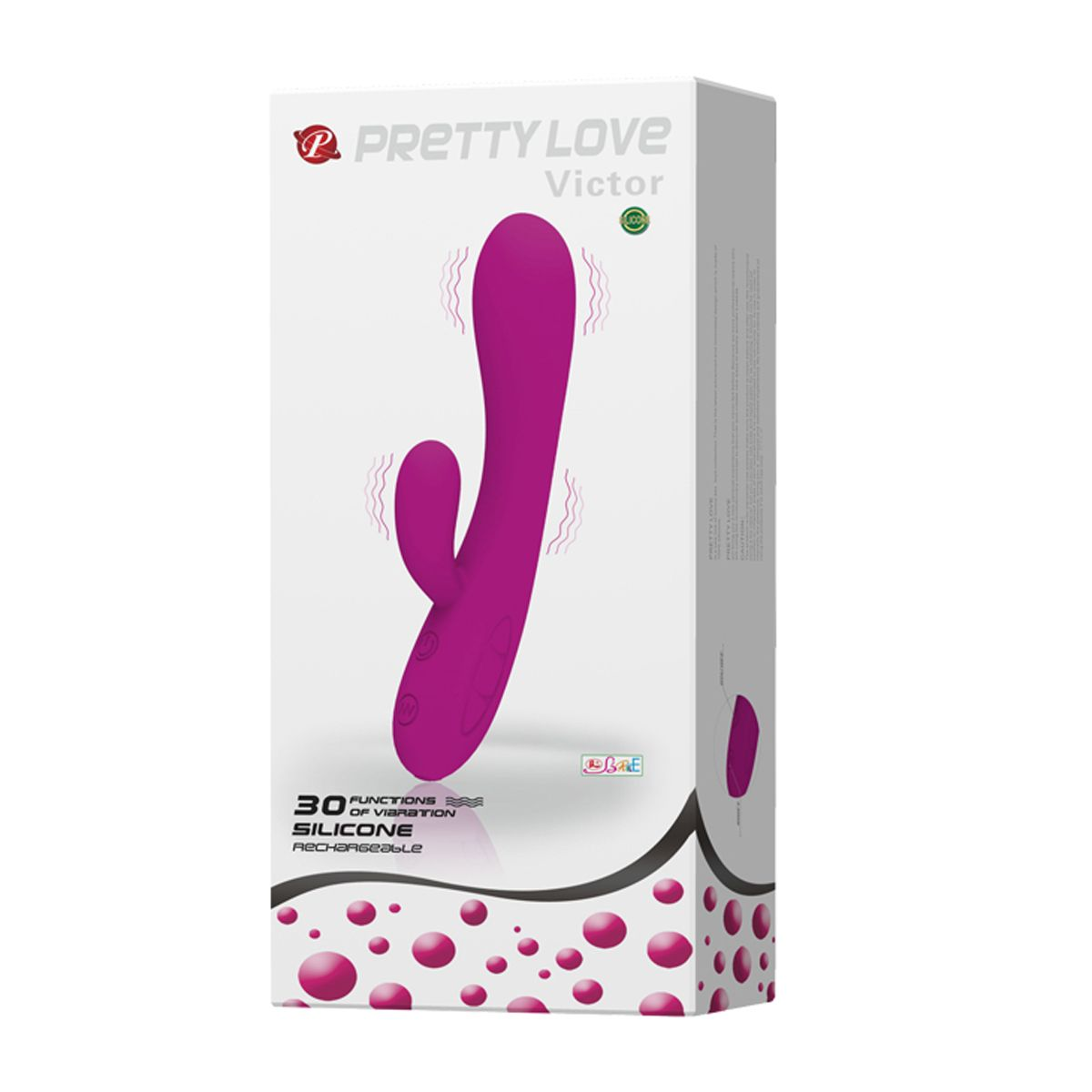Eine Box mit einem rosa Vibrator auf der Vorderseite. Text lautet 'Pretty Love Victor', '30 Vibrationsfunktionen' und 'Silikon wiederaufladbar'.