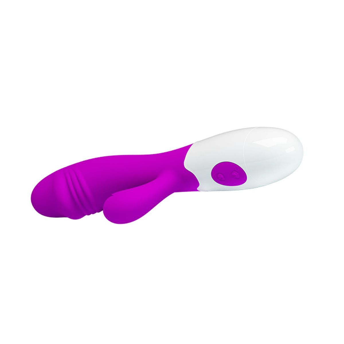 Ein lila-weißes Sexspielzeug mit geschwungenem Design, mit Knöpfen auf dem weißen Kopf, vor weißem Hintergrund.