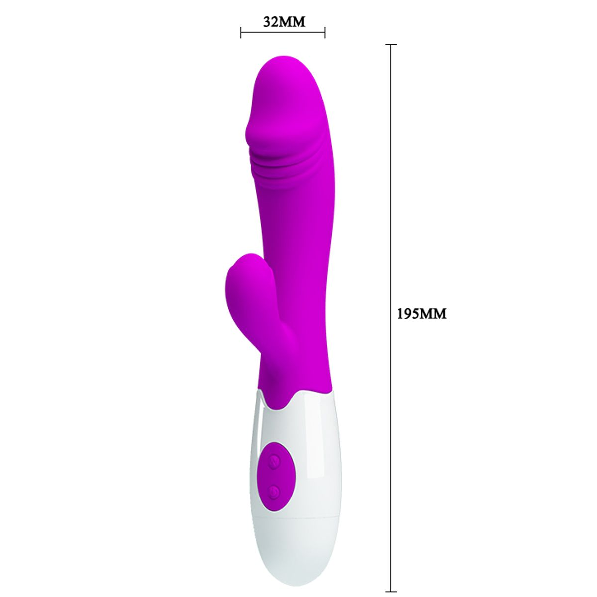 Ein lila Sexspielzeug mit zwei Köpfen und einem weißen Sockel. Die Abmessungen betragen 32 mm Breite und 195 mm Länge. Knöpfe sind sichtbar.