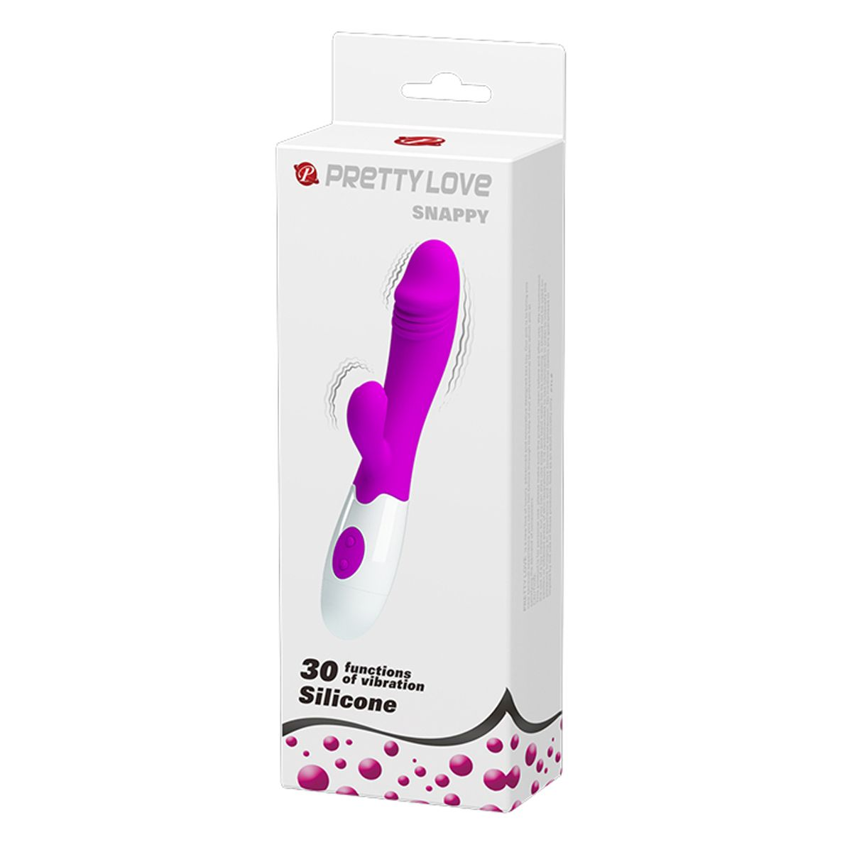 Eine Schachtel mit einem lila Vibrator. Auf der Schachtel steht 'Pretty Love Snappy', '30 Vibrationsfunktionen' und 'Silikon'.