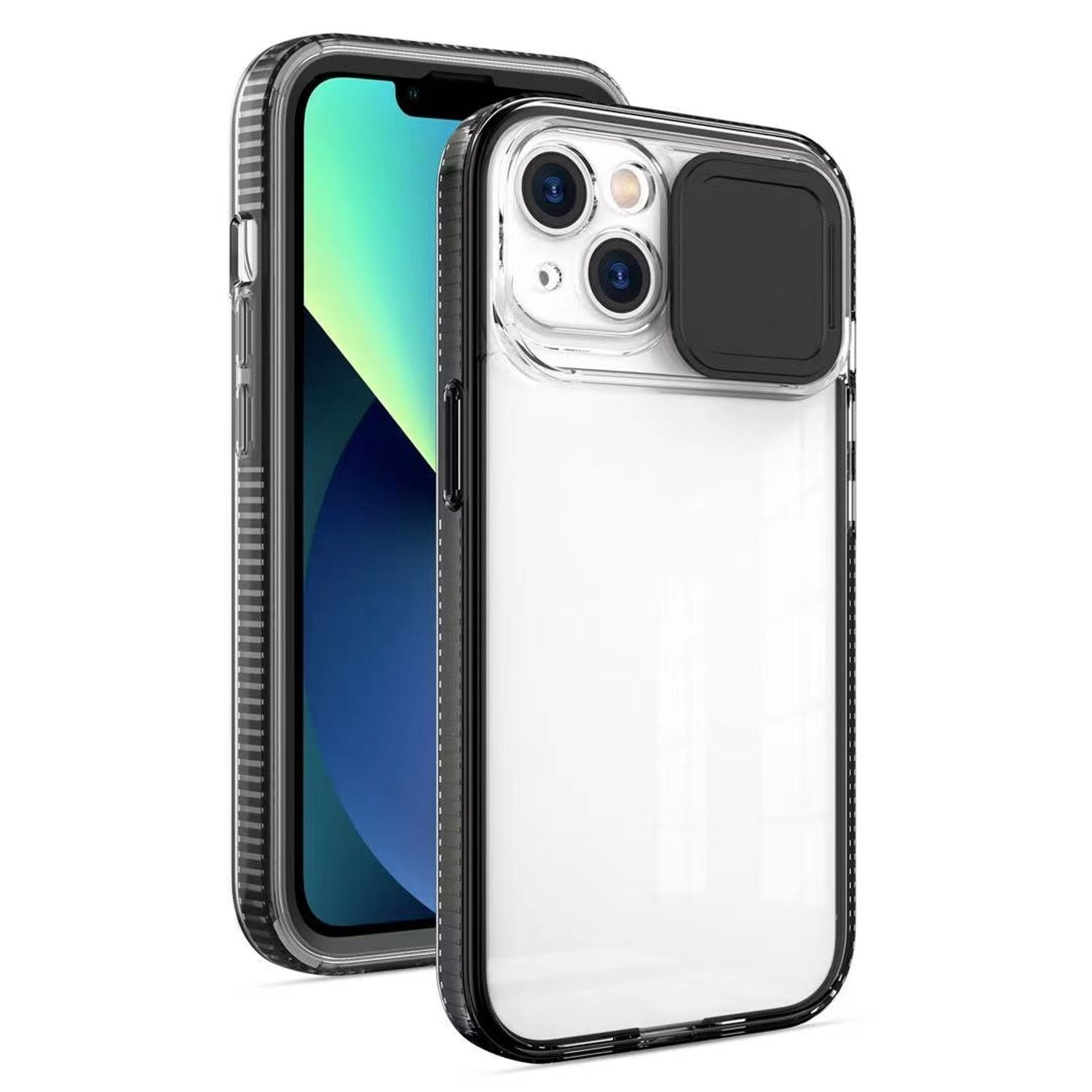 Ein Telefon in einer transparenten Hülle und eine andere Hülle auf weißem Hintergrund.