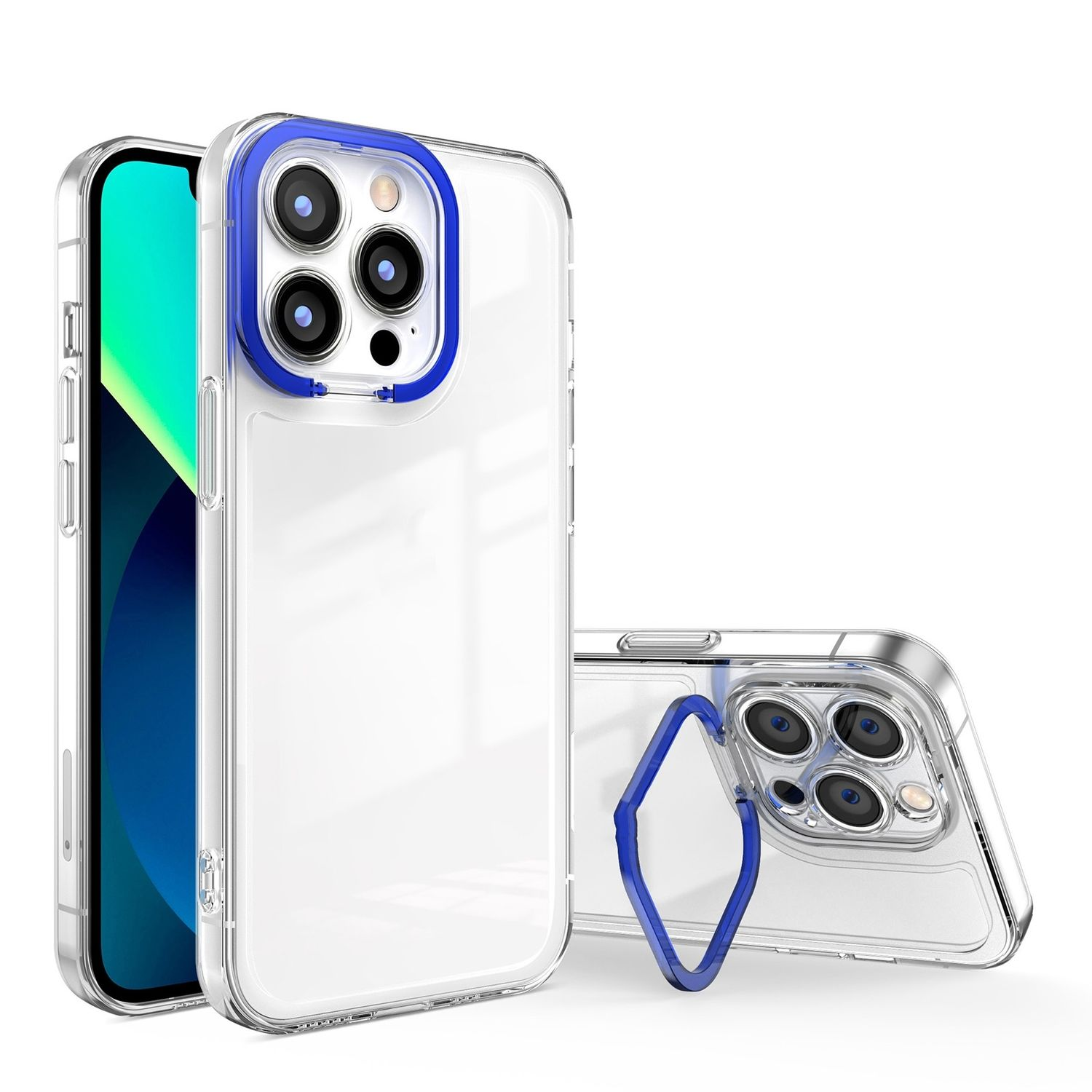 Zwei transparente Handyhüllen, eine mit Telefon und blauem Ring um die Kamera.