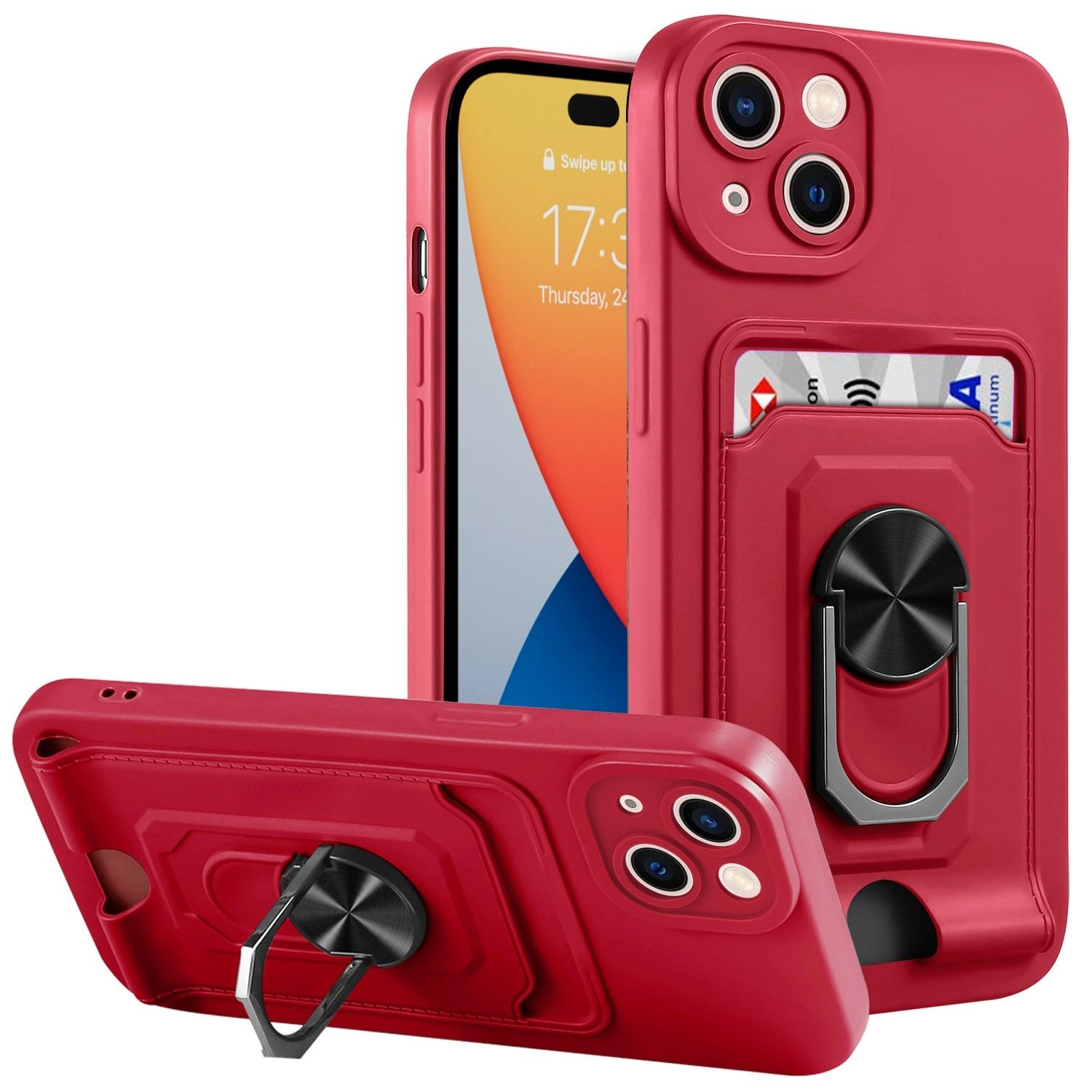 Drei rote Handyhüllen, eine mit einem Telefon, das einen Bildschirm mit Apps und einem Kartenhalter zeigt.