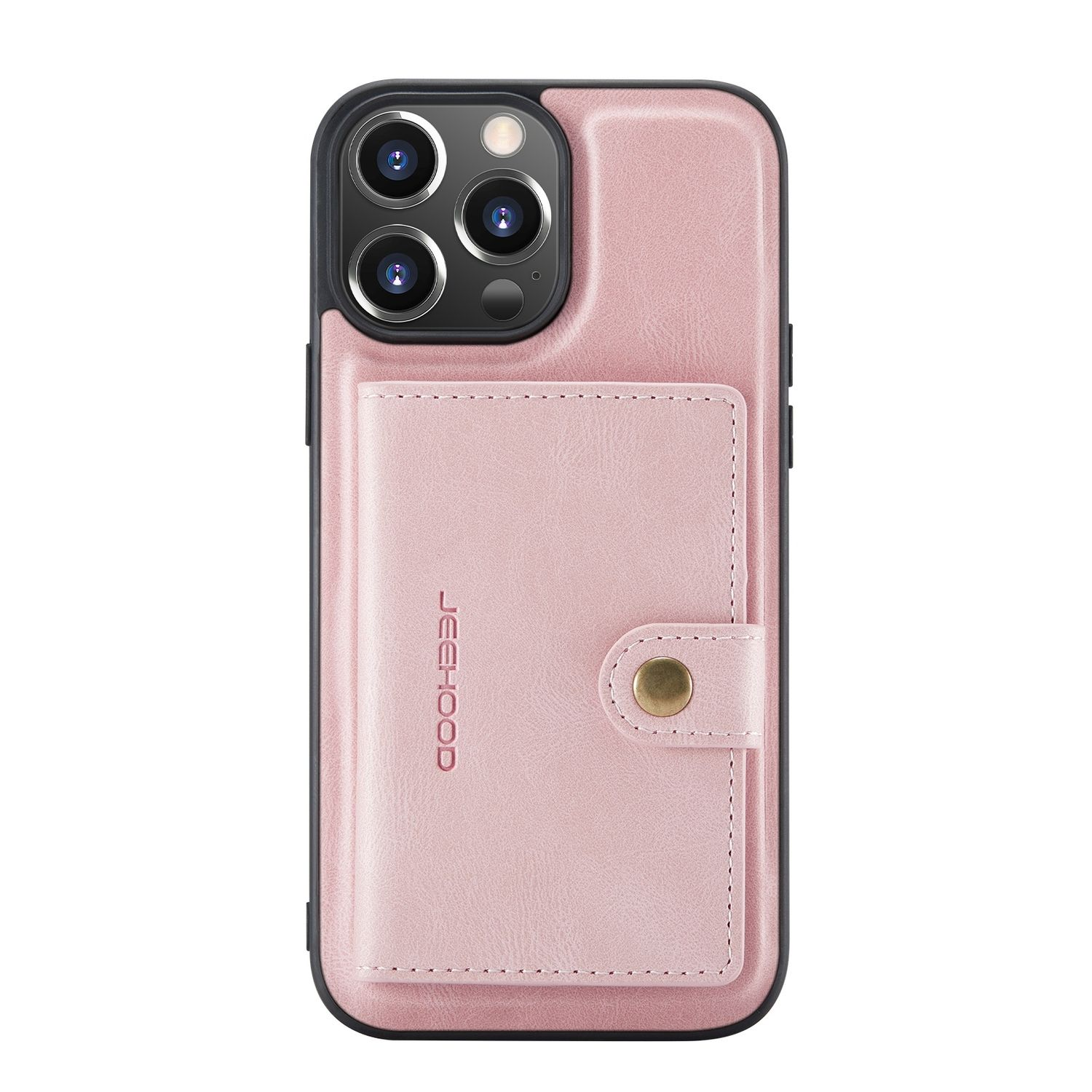 Eine rosa Handyhülle mit Kartenhalter. Die Hülle hat einen goldenen Knopf und das Logo