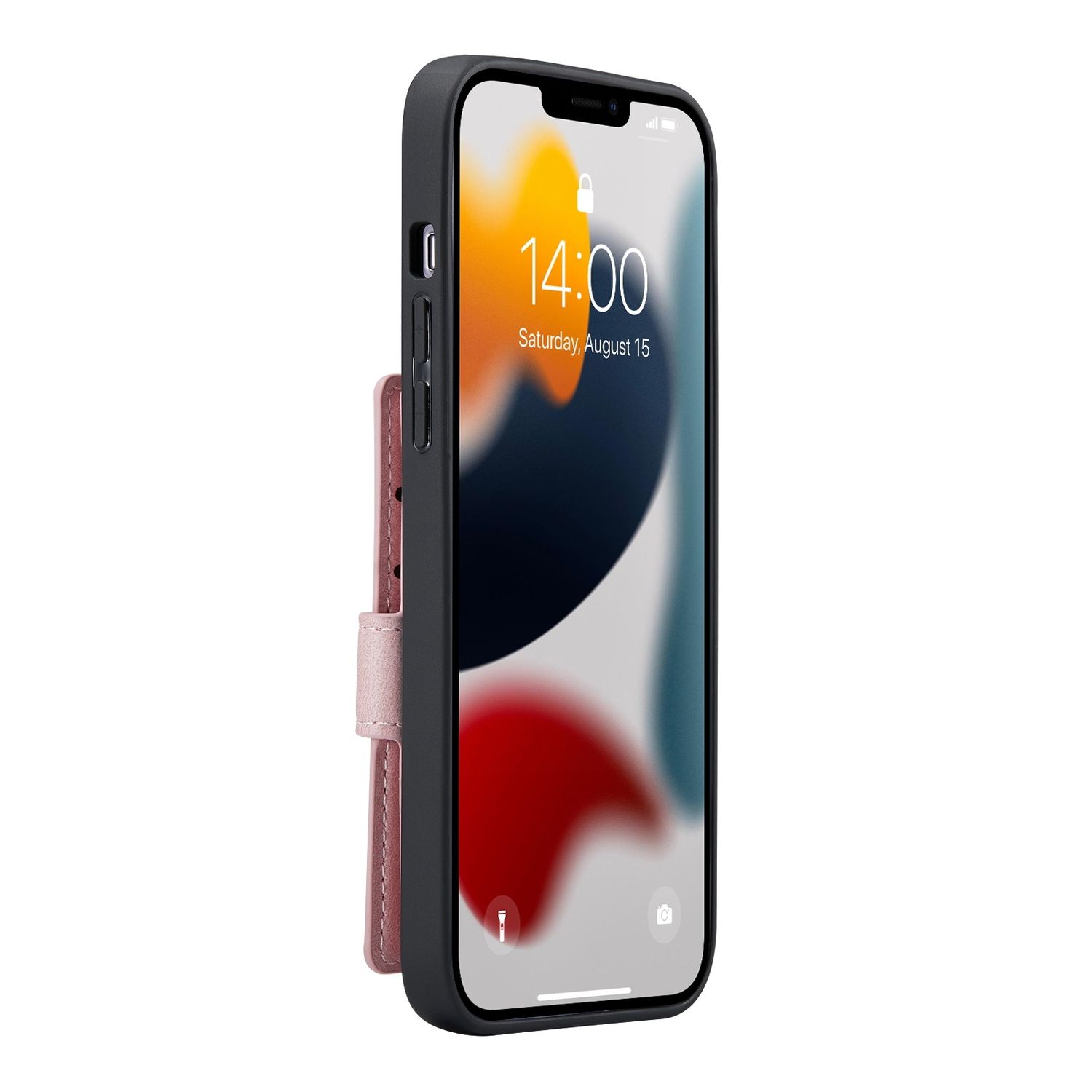 Telefon in schwarzer Hülle mit pinkem Portemonnaie, zeigt Zeit und Datum auf dem Bildschirm.
