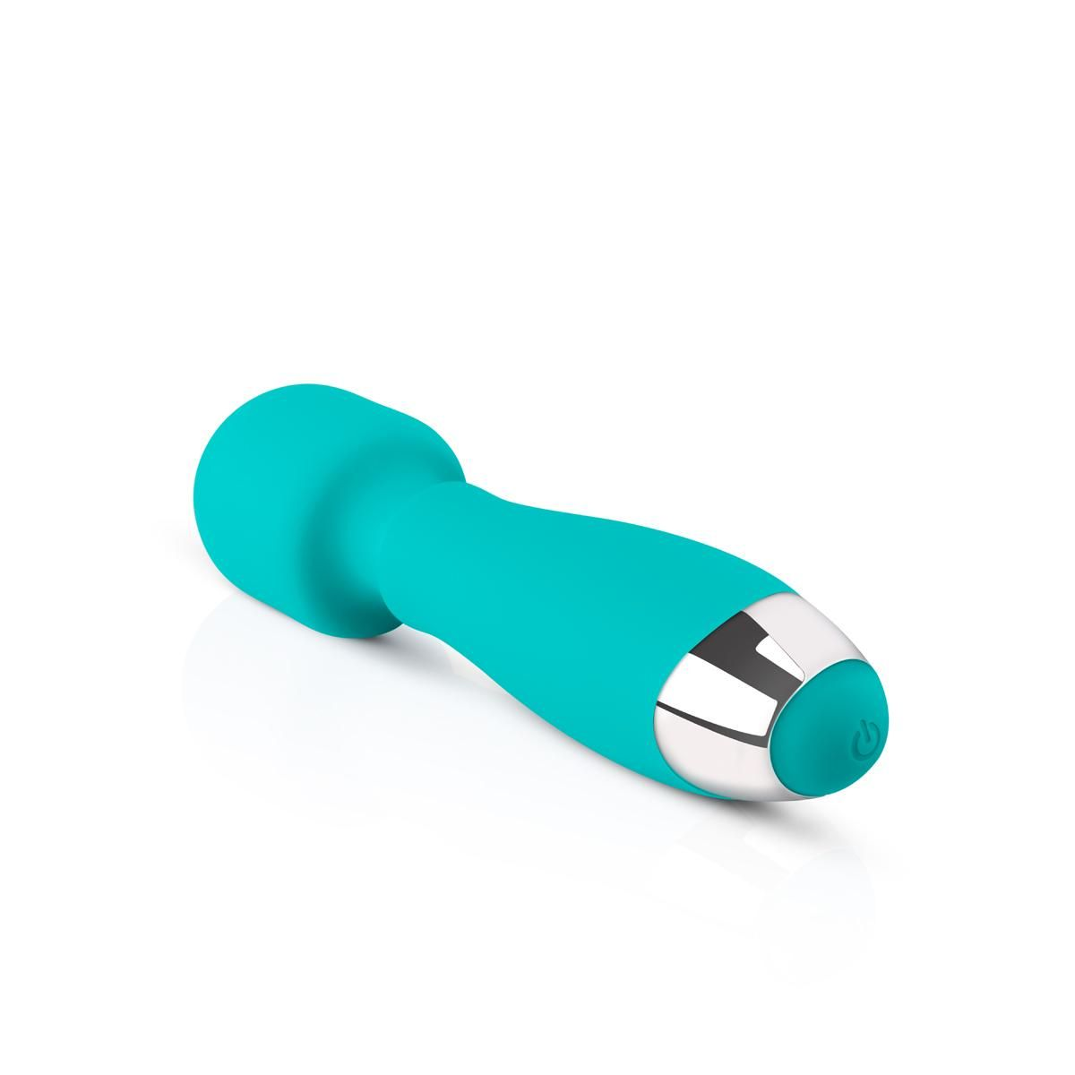 Ein türkisfarbener Vibrator auf weißem Untergrund. Er hat einen abgerundeten Kopf, einen gebogenen Körper und eine silberfarbene Spitze mit einem Einschaltknopf.