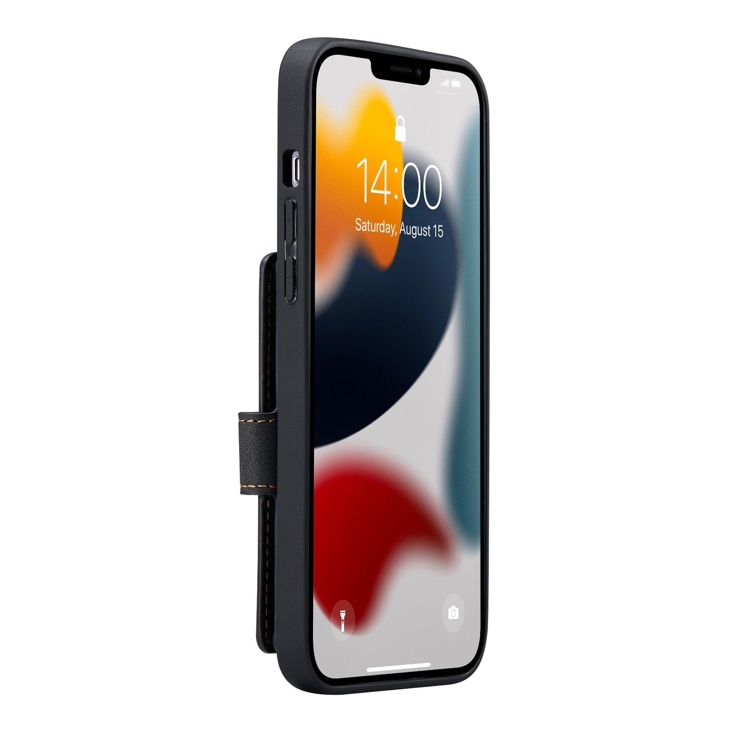 Ein schwarzes Telefon in einer schwarzen Lederhülle, das einen Home-Bildschirm mit der Uhrzeit 14:00 anzeigt, auf weißem Hintergrund.