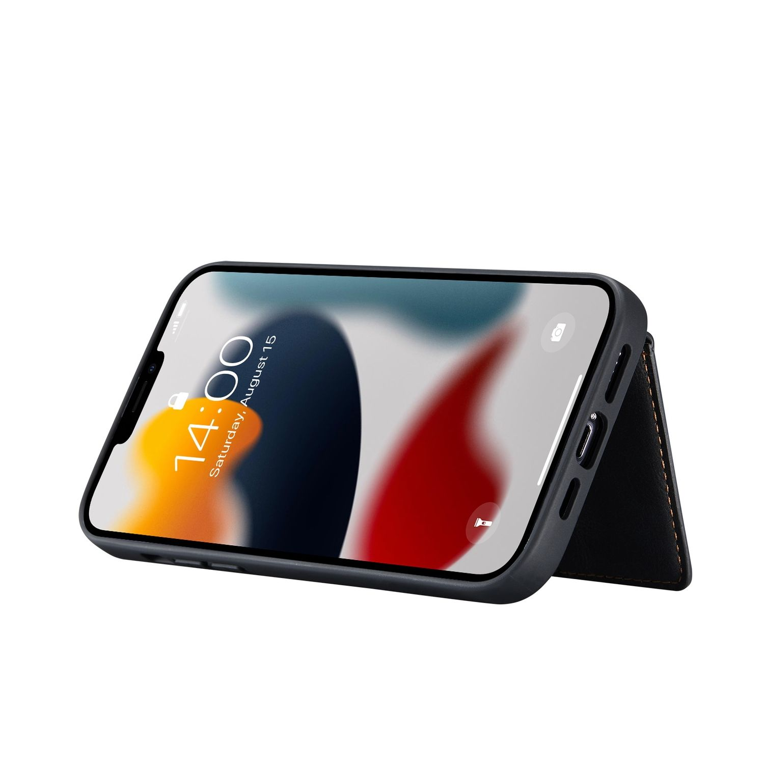 Schwarzes Telefon in einem Gehäuse, der Bildschirm zeigt Zeit und Datum. Es ist auf weißem Hintergrund aufgestellt.