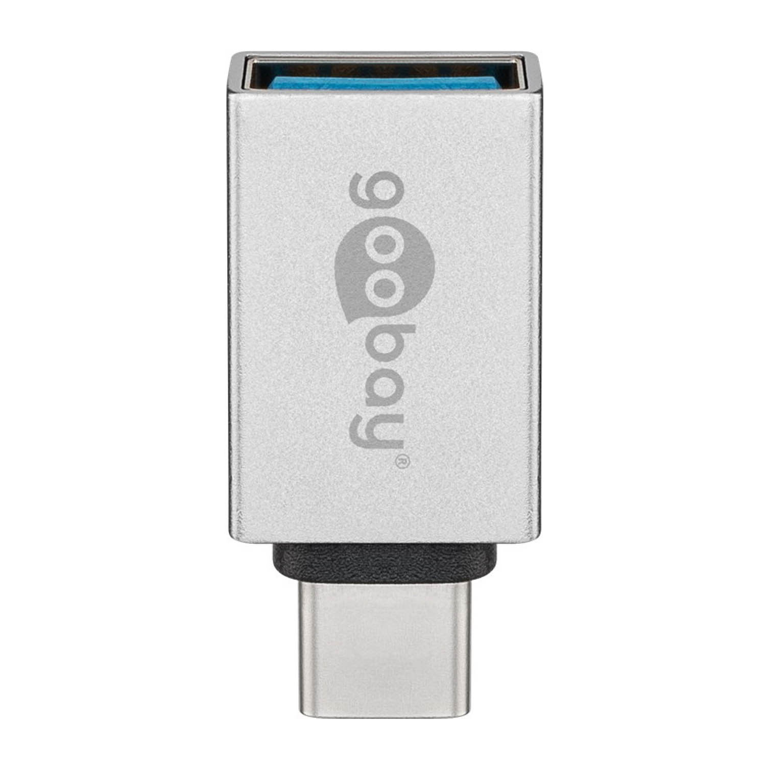Pokazano srebrną przejściówkę USB-C. Nazwa marki 'goobay' jest wydrukowana na adapterze. Tło jest białe.