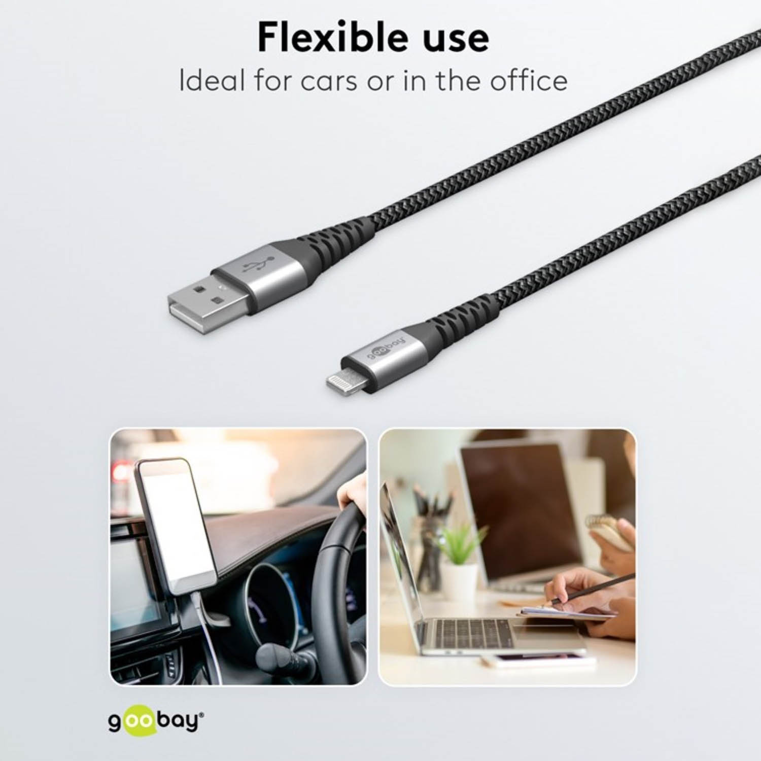 Schwarze und silberne USB-Kabel mit Lightning- und USB-A-Anschlüssen werden mit Anwendungsbeispielen gezeigt.