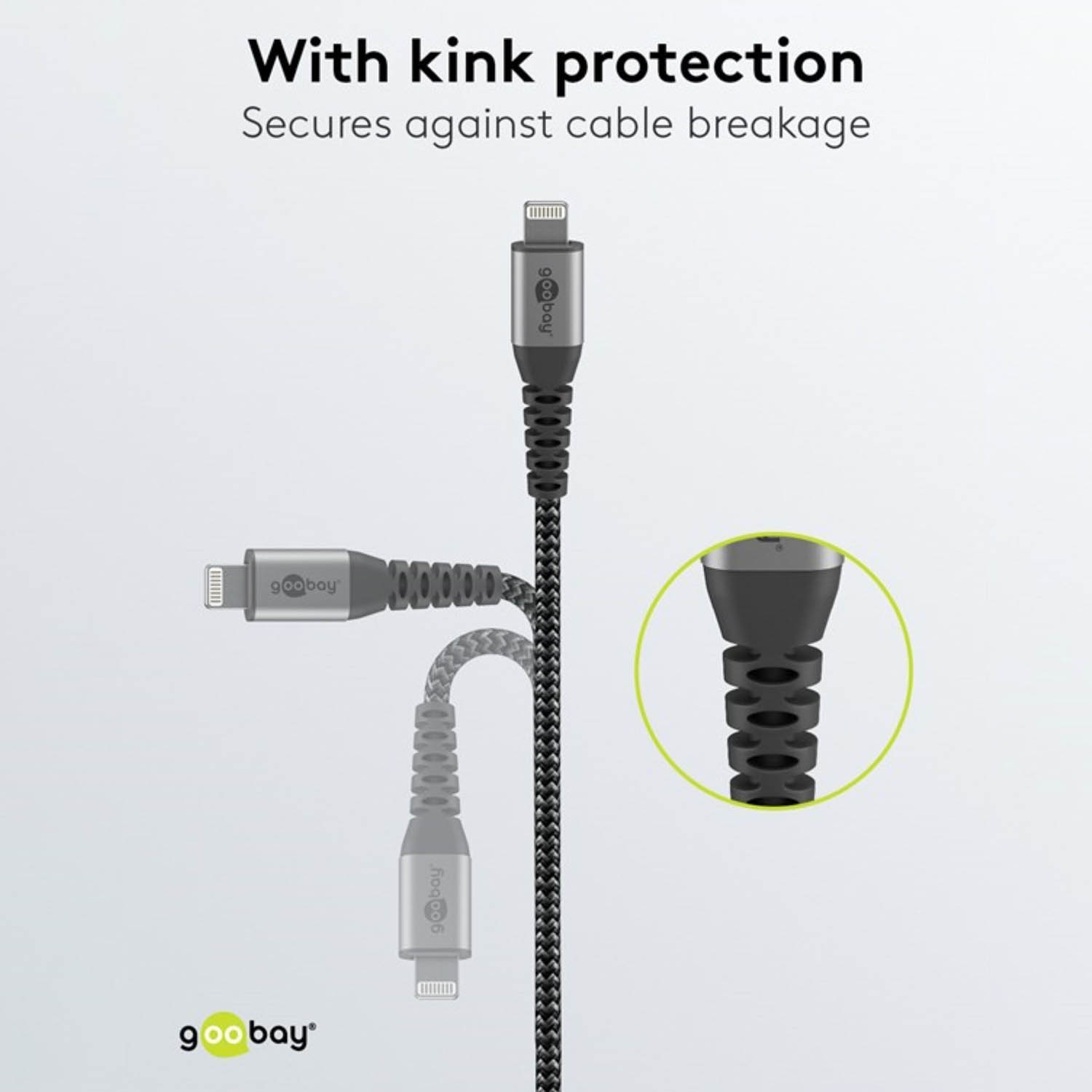 Geflochtenes Ladekabel mit verstärkten Kabelenden, detailliert und in Verwendung gezeigt.