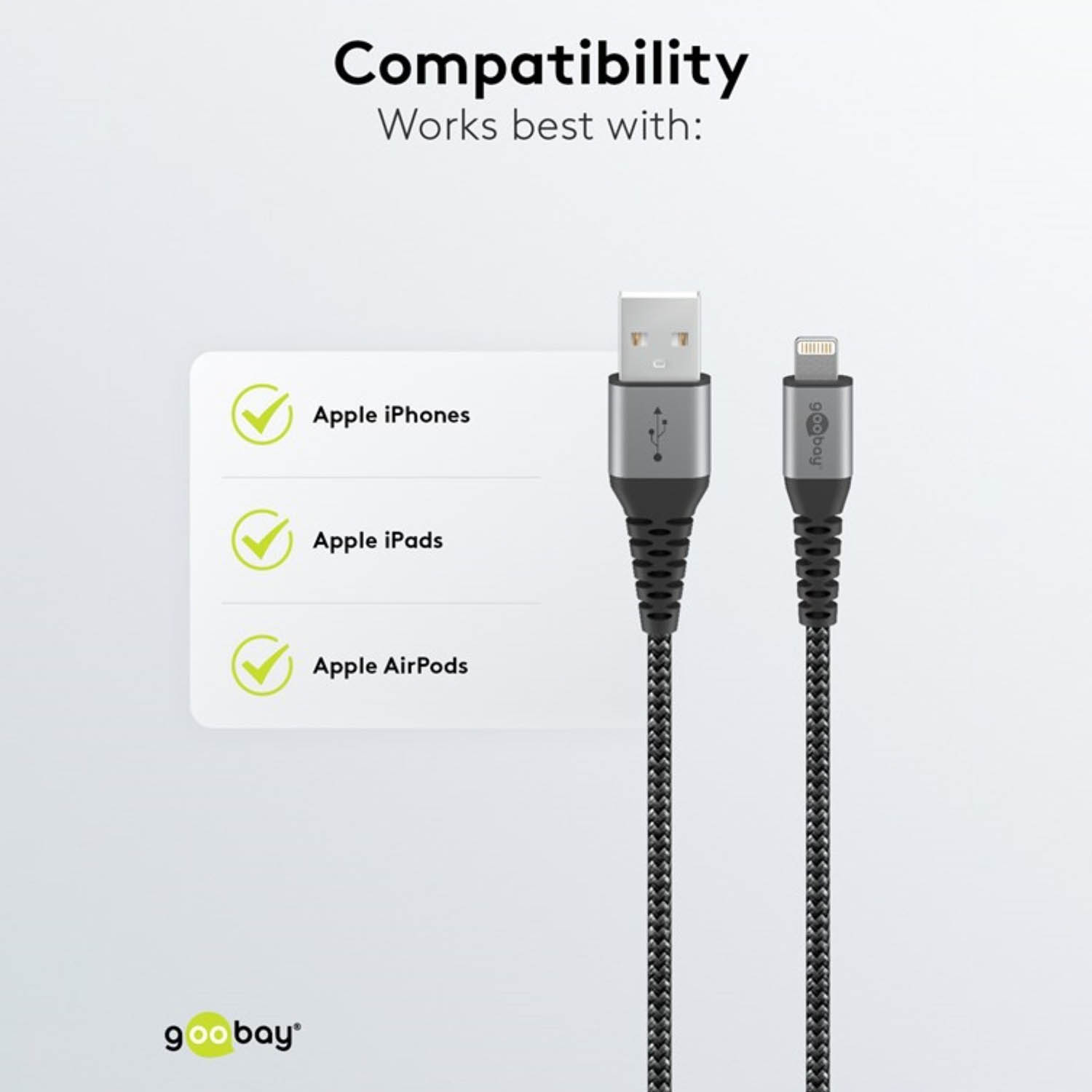 Ein USB-auf-Lightning-Kabel neben einer Liste von Geräten. Weißer Hintergrund.