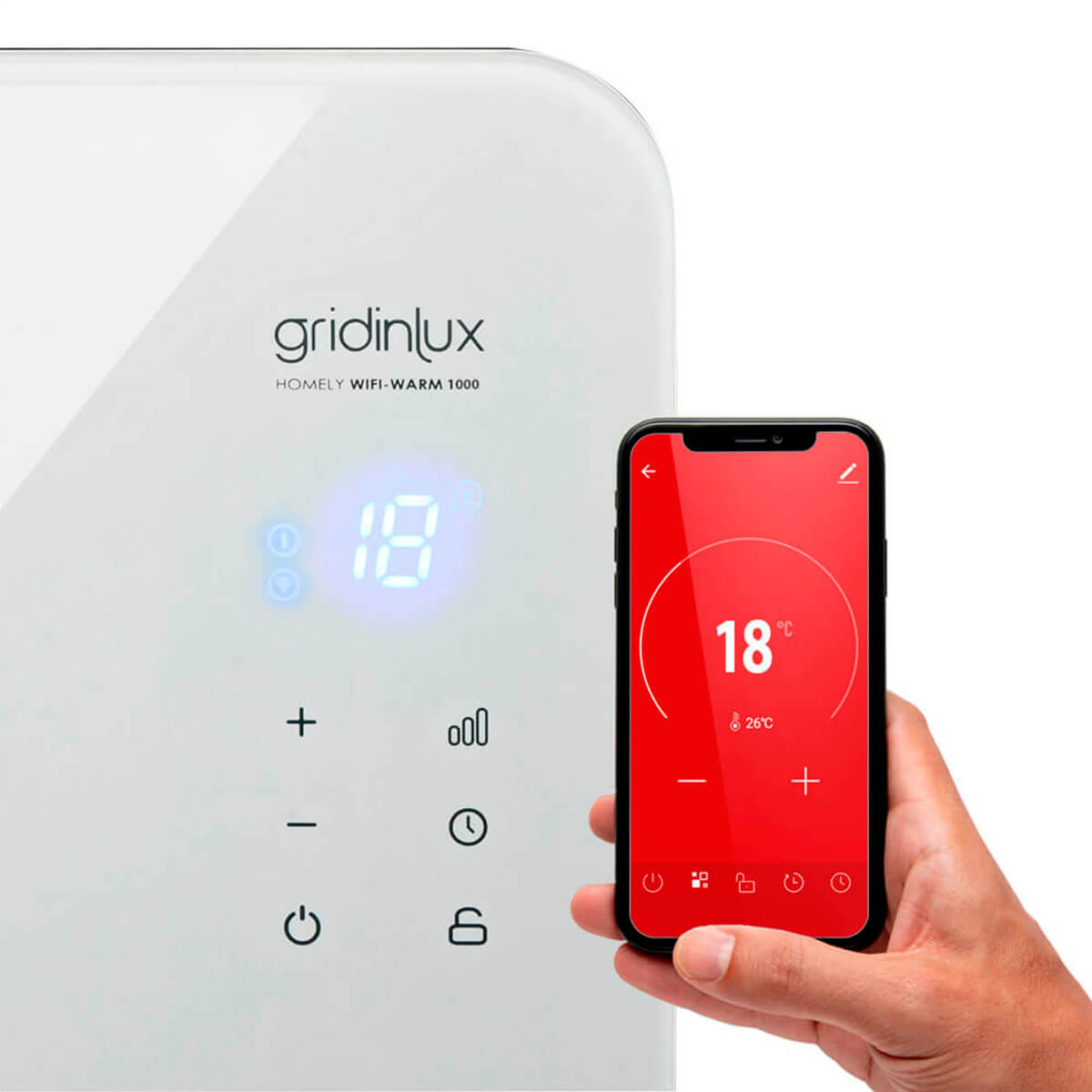 Calentador blanco con pantalla digital, mano controla con smartphone, pantalla roja.