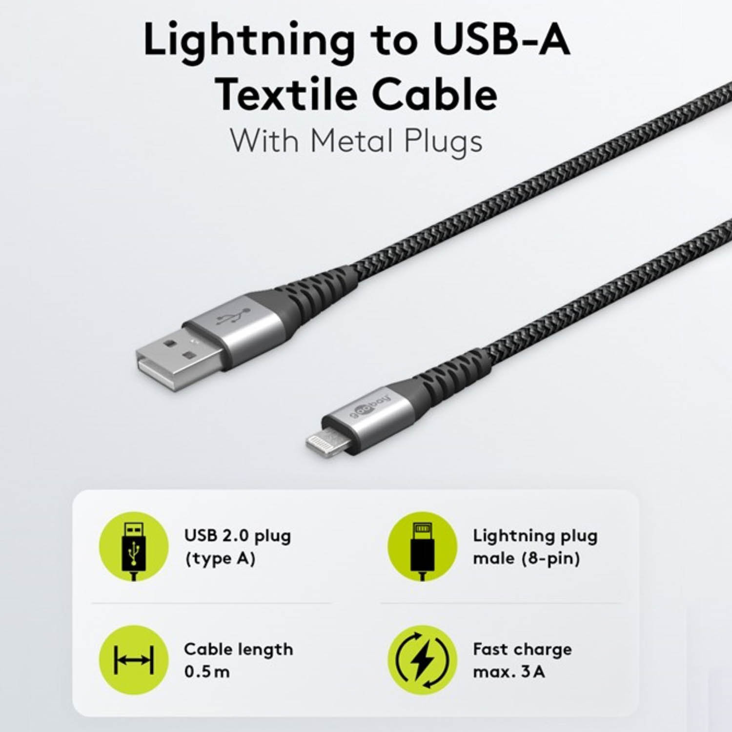 Schwarzes und graues Lightning-zu-USB-A-Kabel mit Metallsteckern und Textbeschreibung.