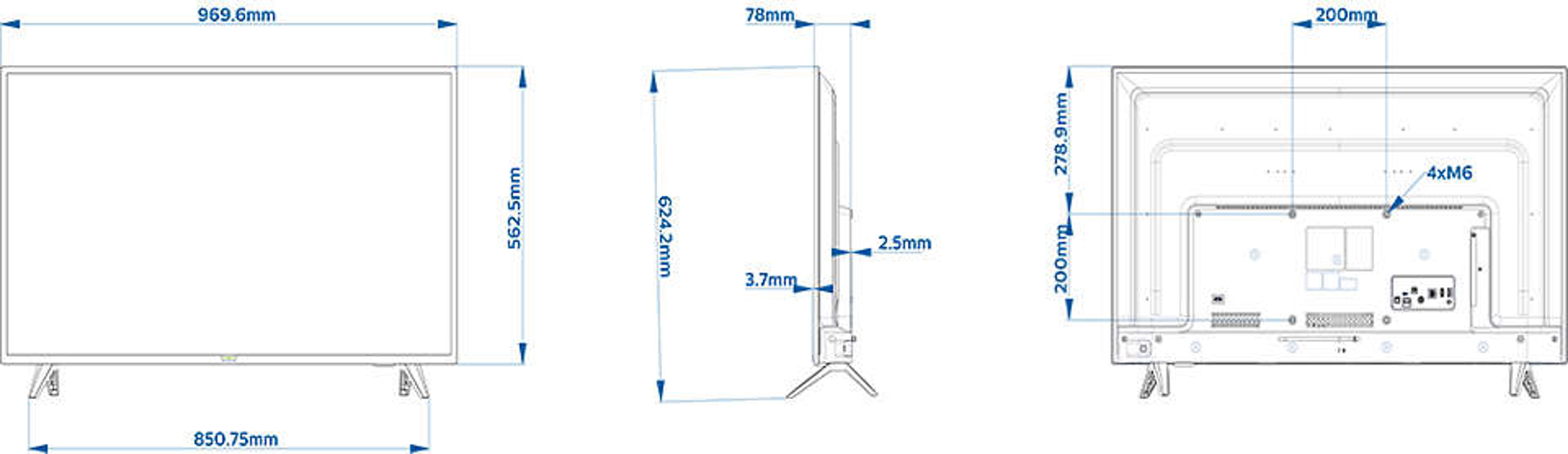 Schemat TV z wymiarami. Widoki z przodu, z boku i z tyłu pokazujące wymiary w milimetrach.
