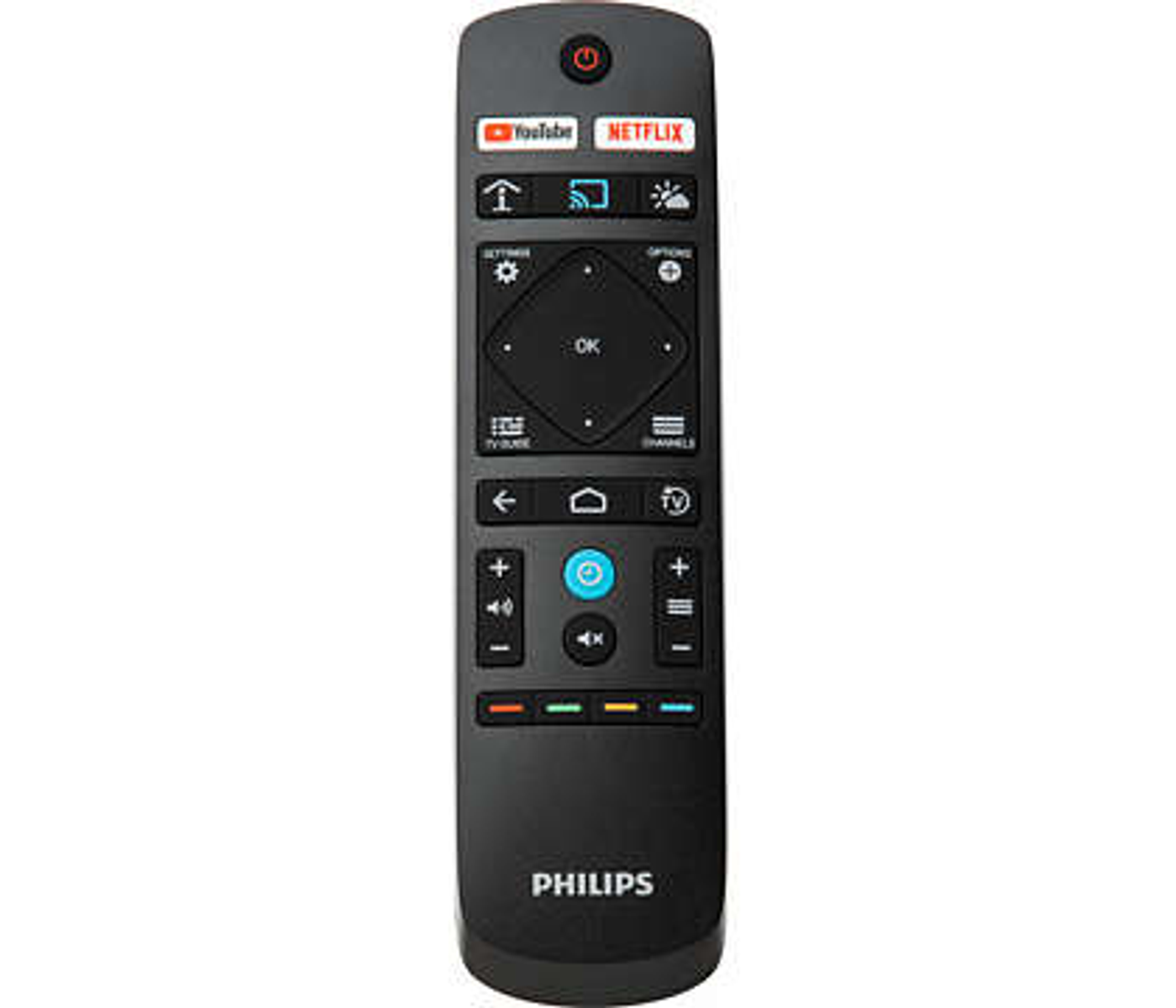 Telecomando Philips, nero, con vari pulsanti tra cui Netflix e YouTube.