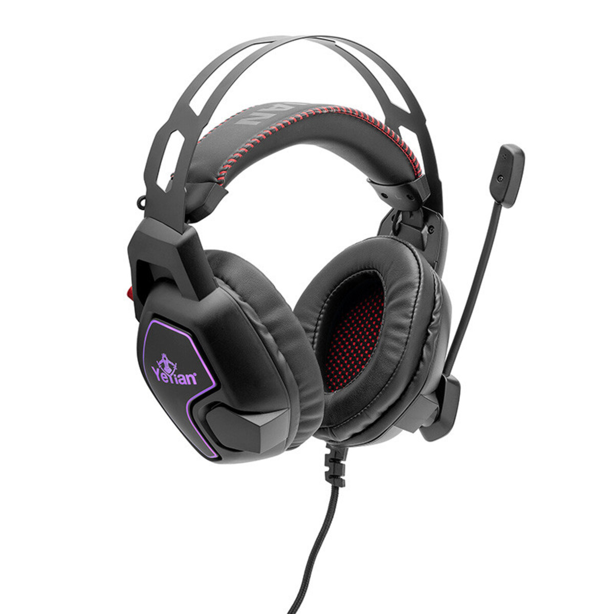 Auriculares gaming negros con micrófono, costuras rojas y logo morado, fondo blanco.