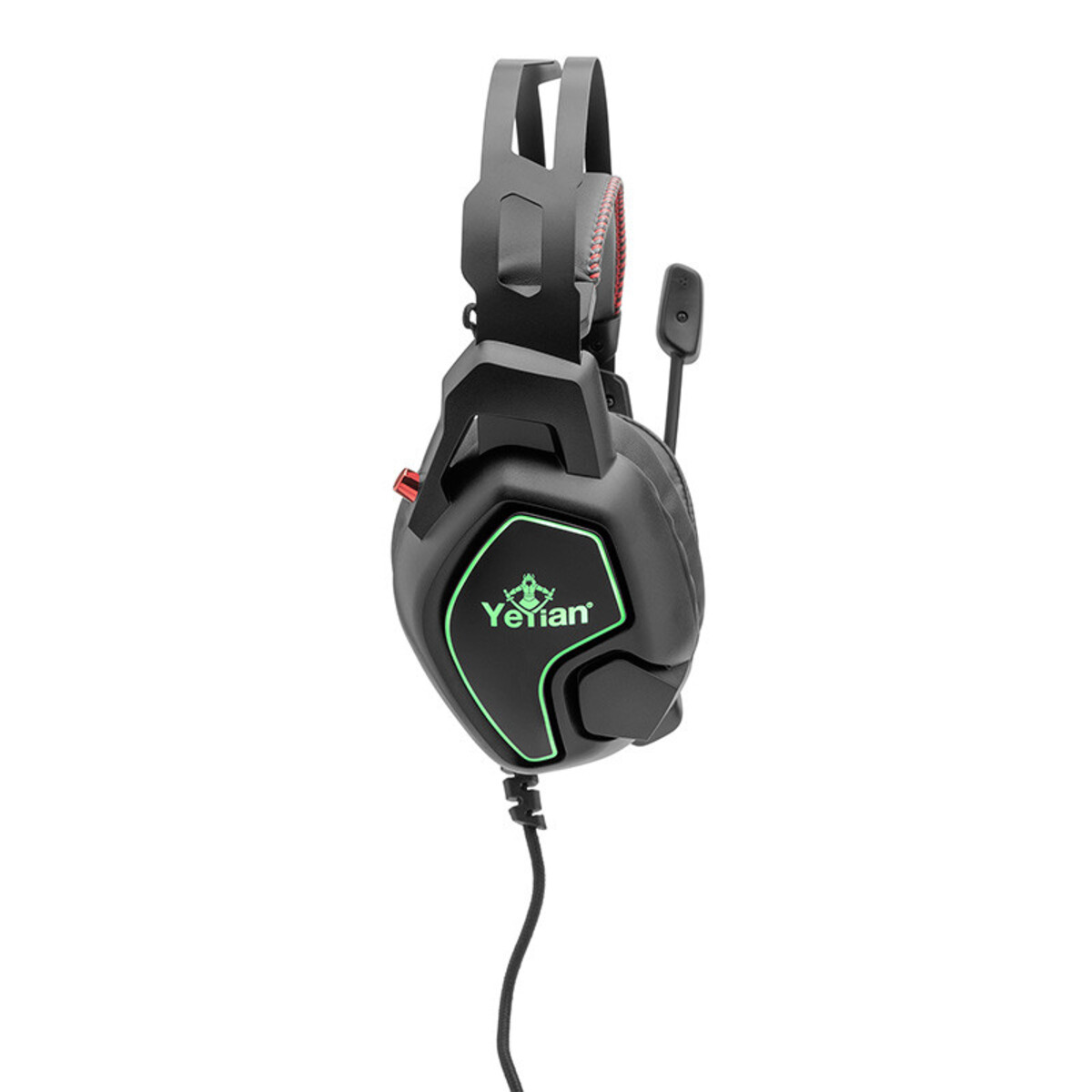 Auriculares para juegos negros con un logo verde. Los auriculares tienen un micrófono y un cable negro.