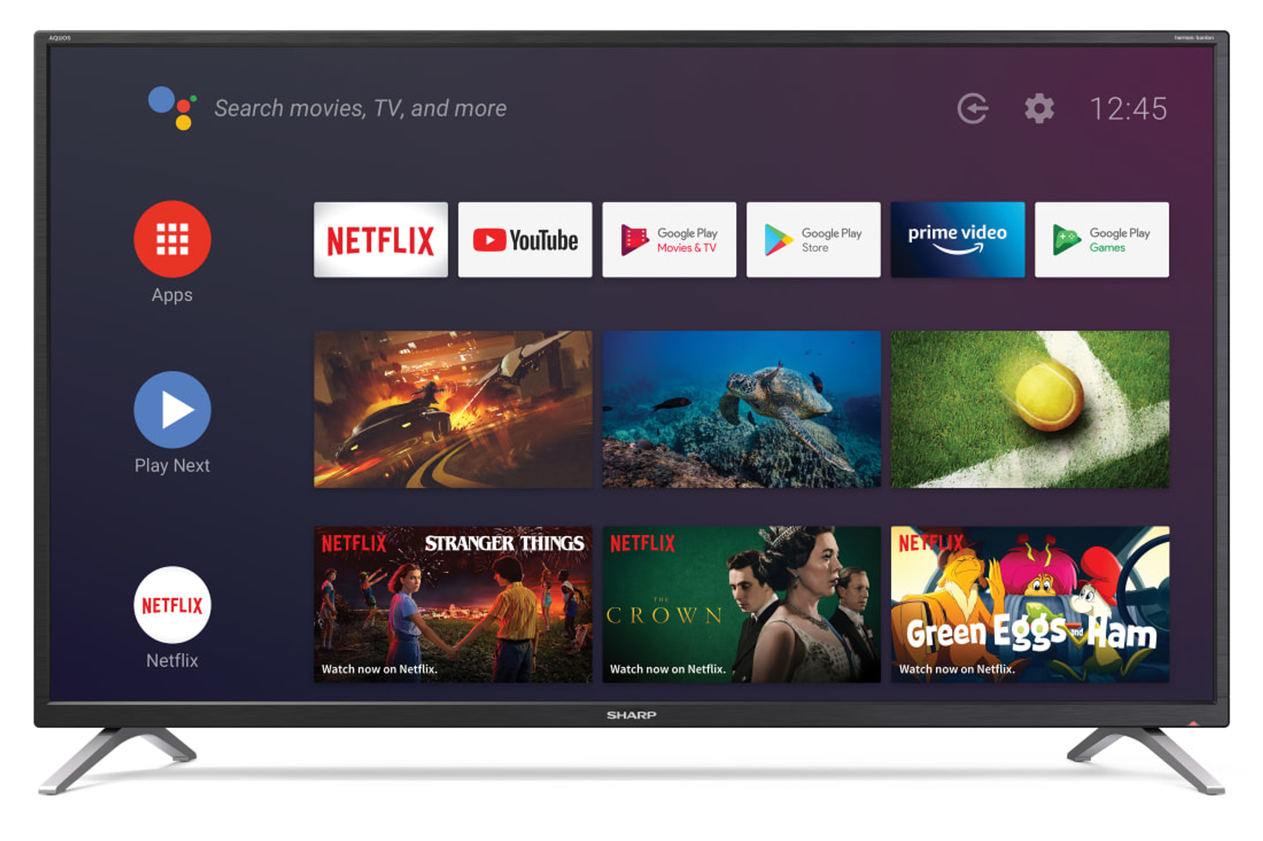 Un televisore Sharp che mostra un'interfaccia smart home con app Netflix e YouTube.