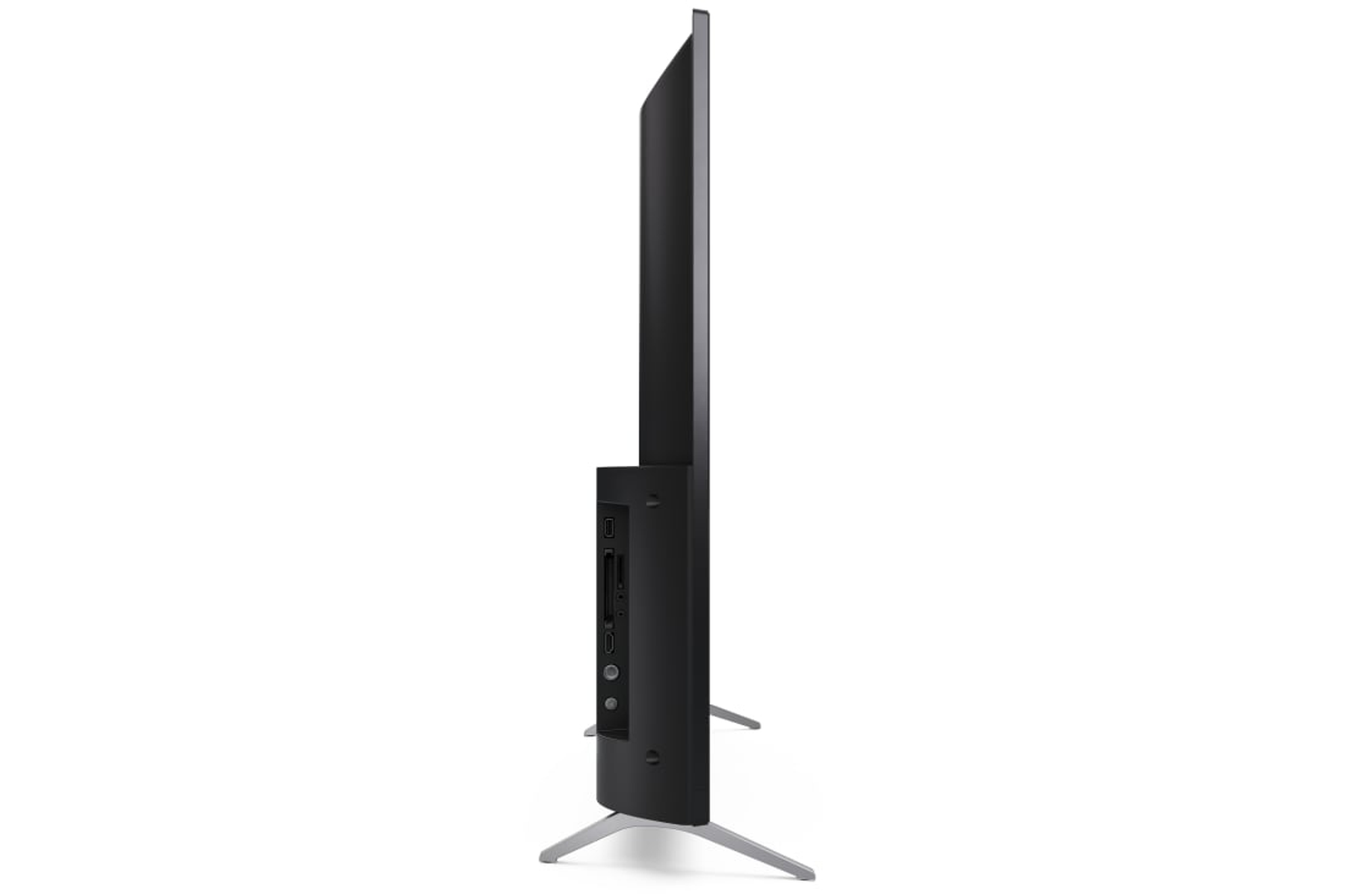 TV, vista laterale, cornice nera, supporto argento, sfondo bianco.
