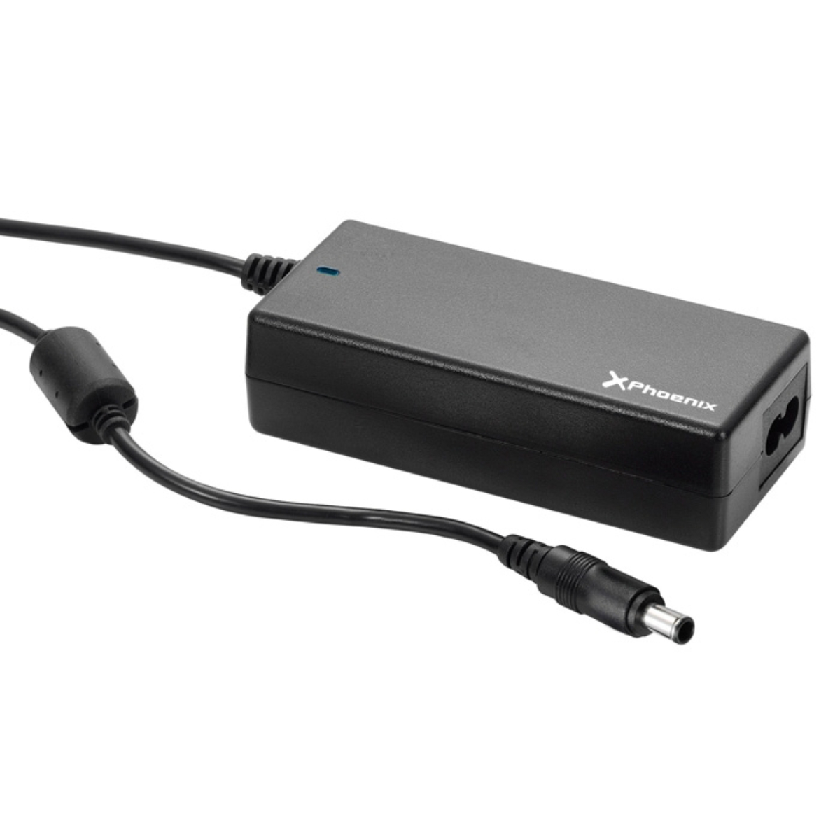 Adaptador de corriente XPhoenix negro. Cable negro con luz indicadora azul.