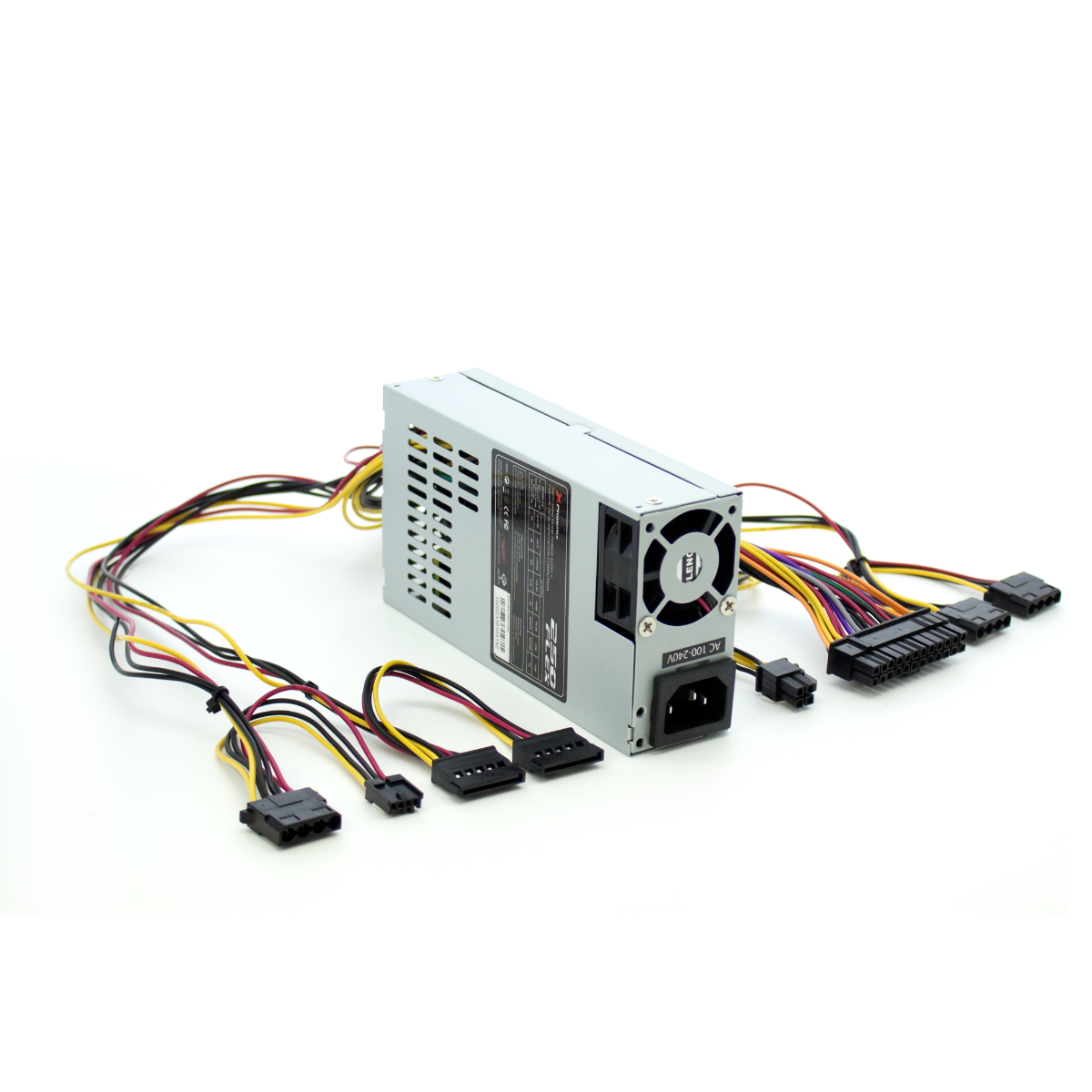 Un alimentatore con diversi cavi e connettori colorati su sfondo bianco.