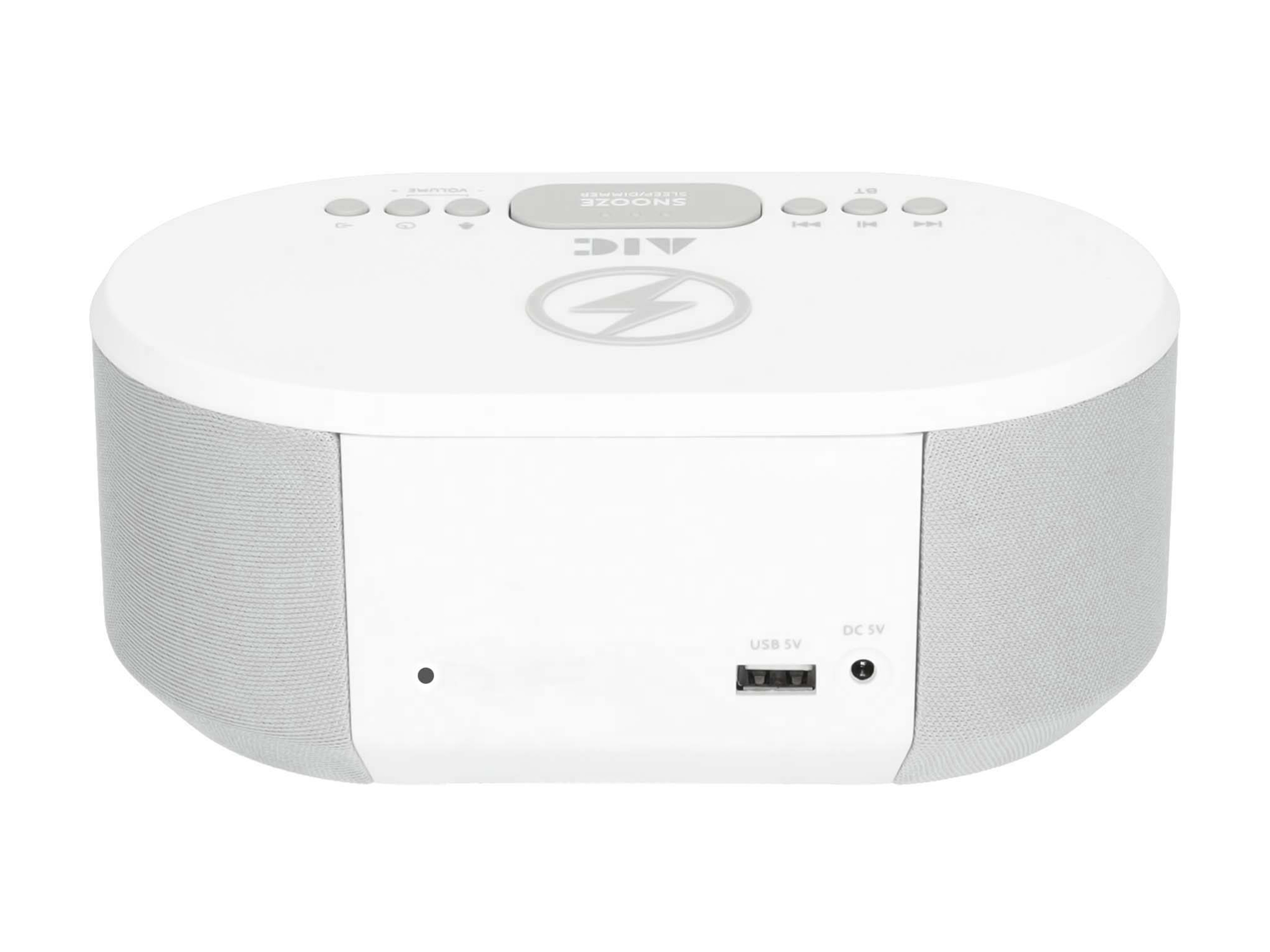 Weißer und grauer, oval geformter Wecker mit Knöpfen, USB- und DC-Anschlüssen.