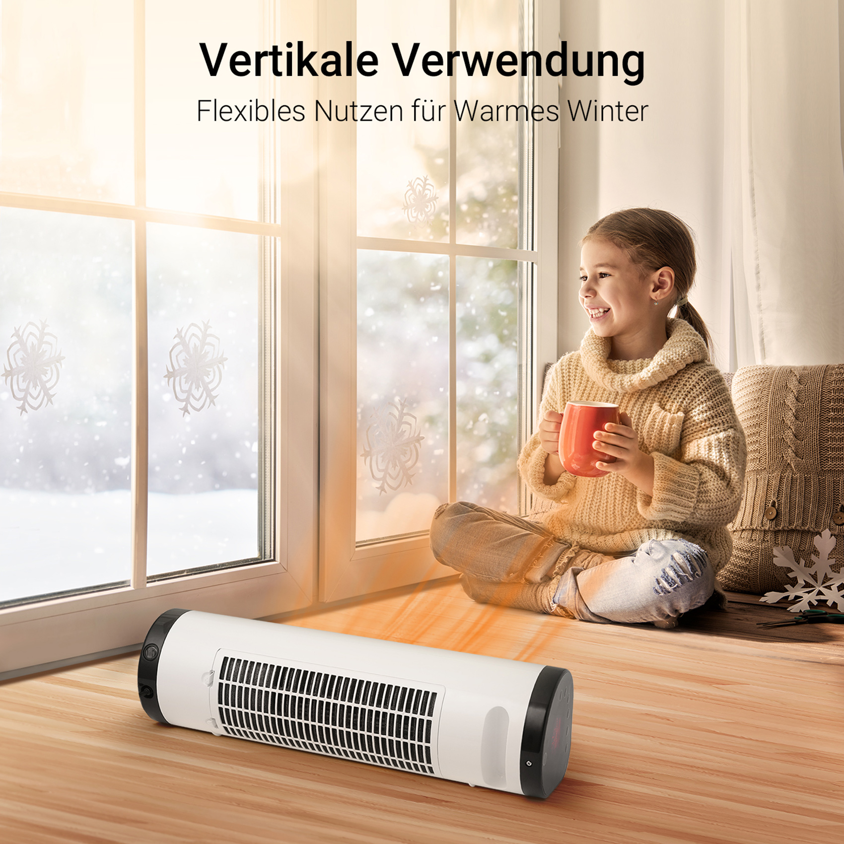 Ein Mädchen in der Nähe eines Fensters mit Heizung, Text oben, in einem Raum.