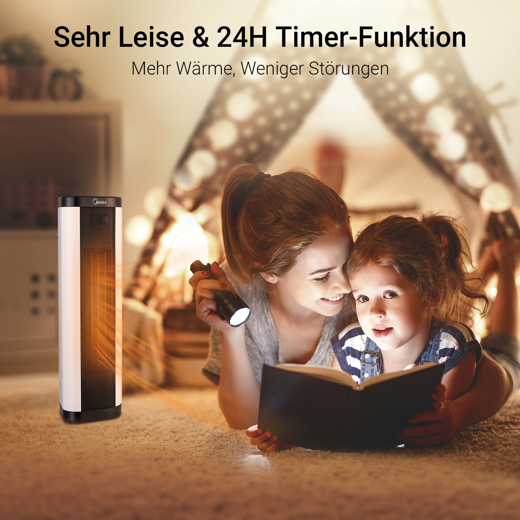 Mutter und Kind lesen am Heizgerät. Wörter oben. Warmes Licht, gemütliche Szene.
