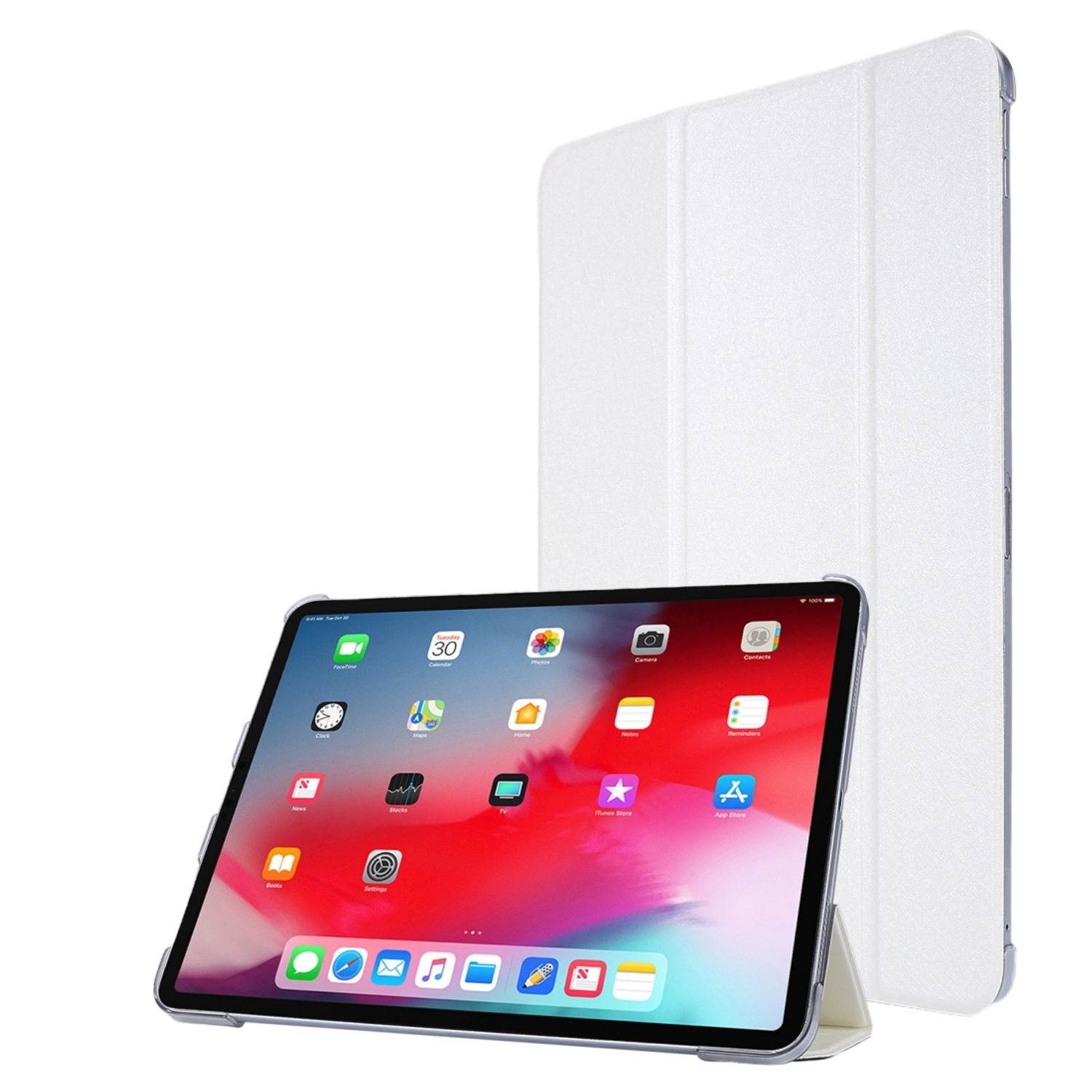 Weißes Tablet mit weißer Hülle. Tablet ist geöffnet, zeigt App-Bildschirm.