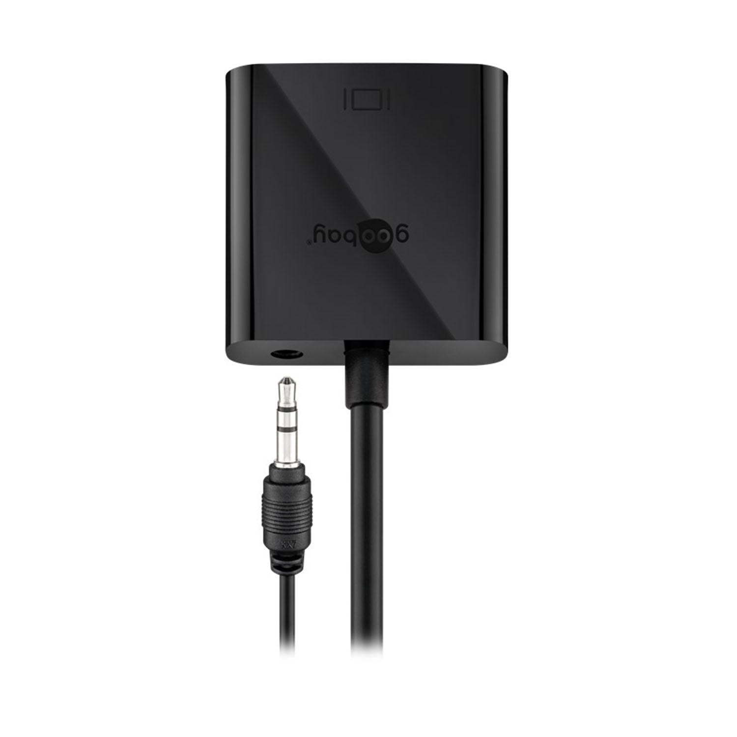 Schwarzer Goobay-Adapter mit 3,5-mm-Klinke und Stecker, auf weißem Hintergrund.