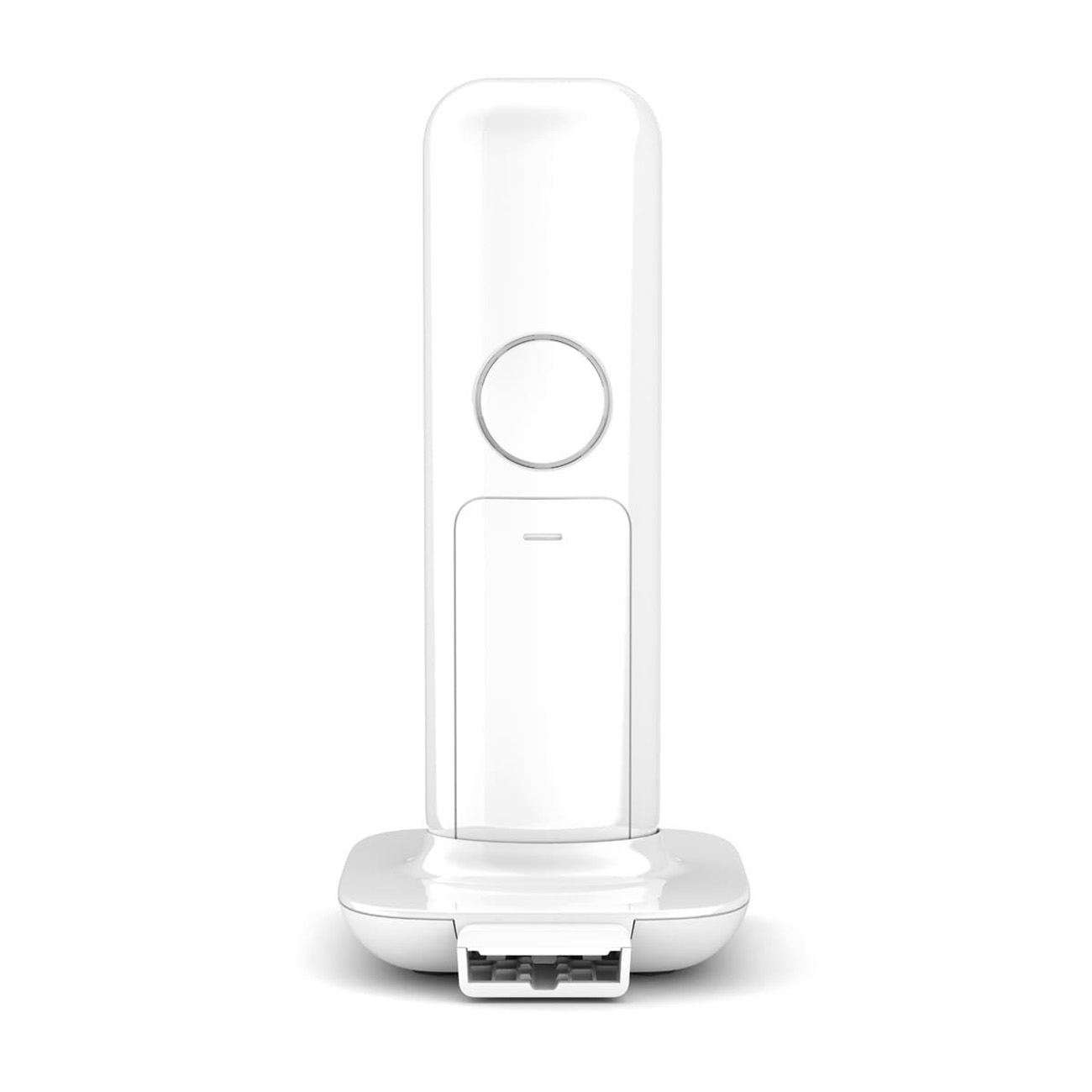 Teléfono inalámbrico blanco sobre una base blanca. Tiene pantalla y altavoz.