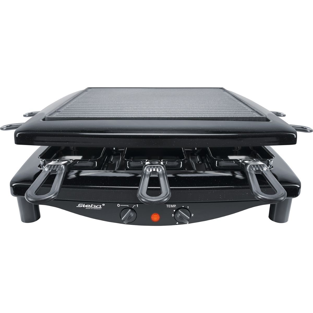 Ein schwarzer Raclette-Grill mit zwei Heizstufen und einem Temperaturregler. Er steht auf weißem Grund.