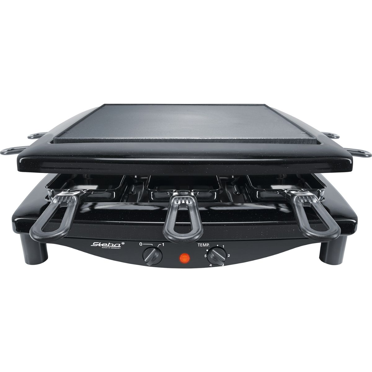 Ein schwarzer Raclette-Grill mit zwei Ebenen und Griffen, mit Temperaturreglern und roter Kontrollleuchte.
