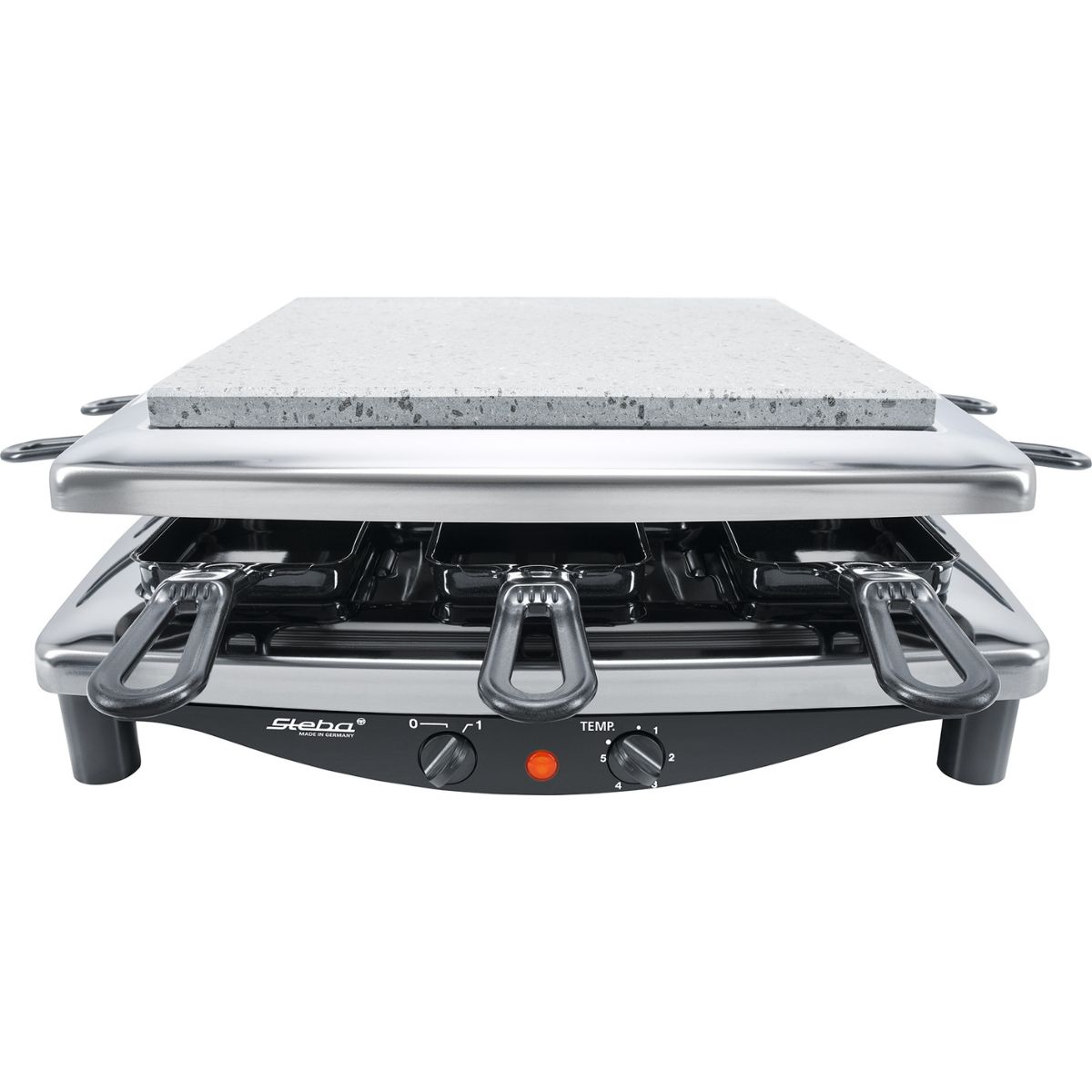 Una griglia per raclette con superficie di cottura in pietra ed elementi riscaldanti.