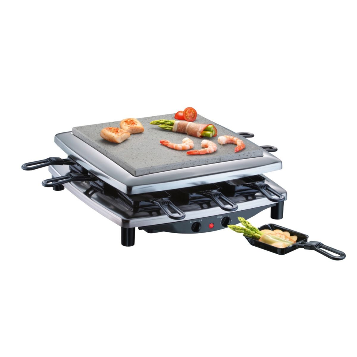 Grill per raclette con cibo. Formaggio, gamberetti, asparagi e pomodori.