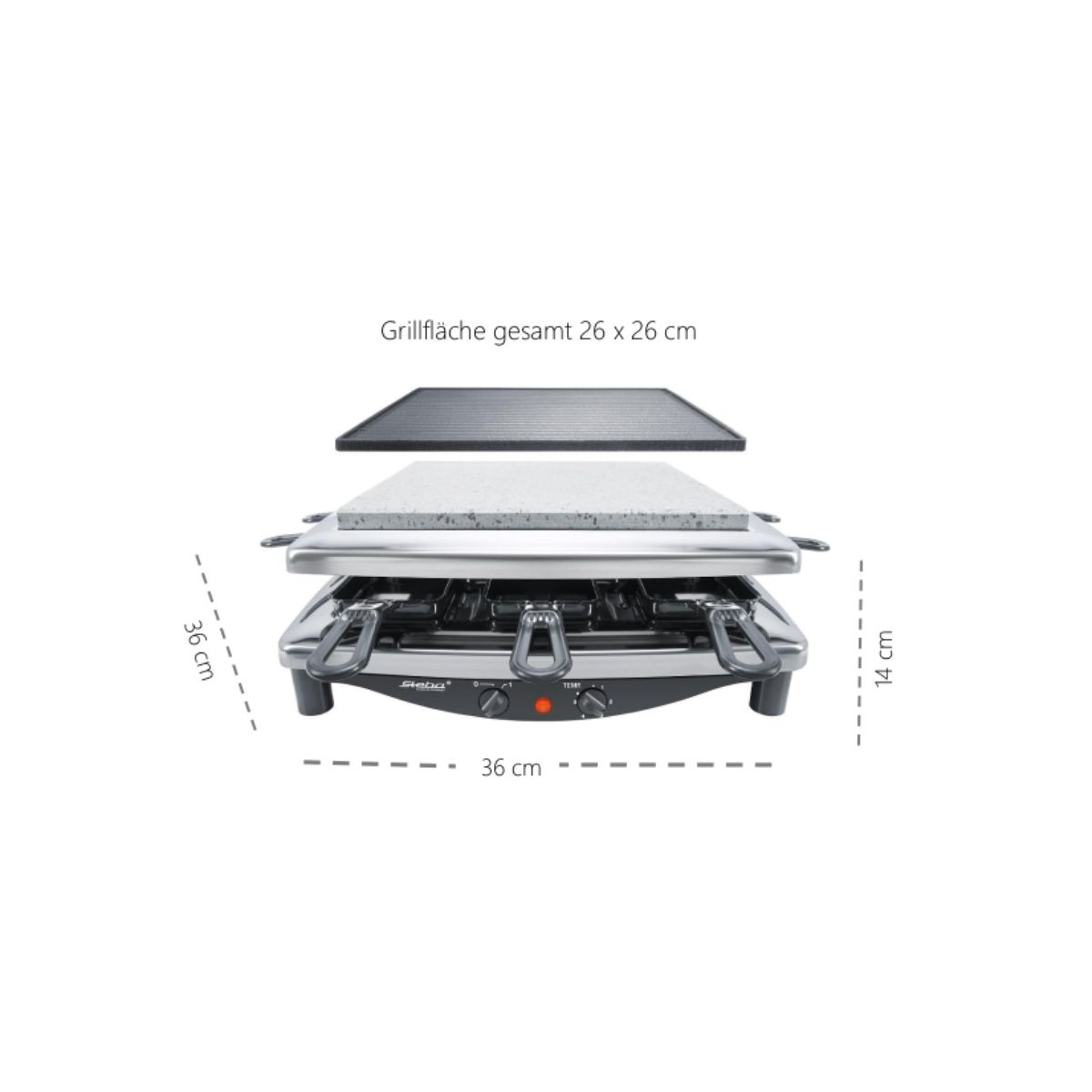 Griglia per raclette con due superfici riscaldanti e padelle individuali, con misure indicate.