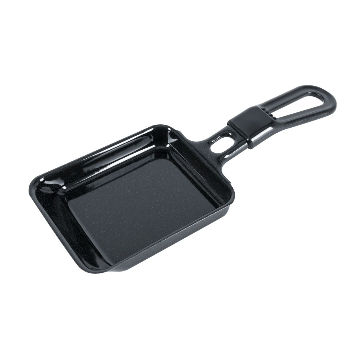 Eine schwarze Raclette-Pfanne mit Griff. Sie ist rechteckig und leer, bereit für den Einsatz.