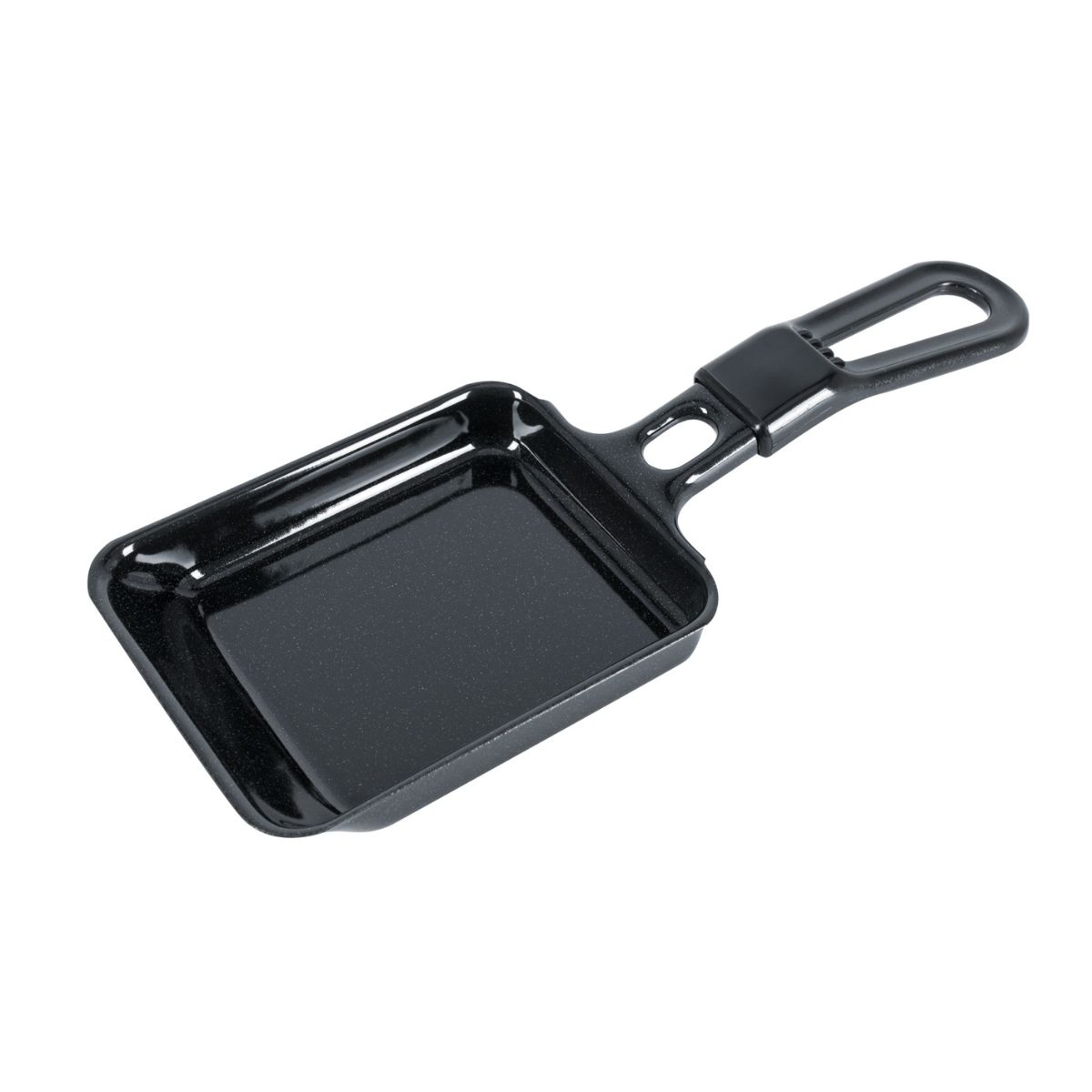 Schwarze Grillpfanne mit Griff. Sie ist leer und auf einer weißen Oberfläche angewinkelt.