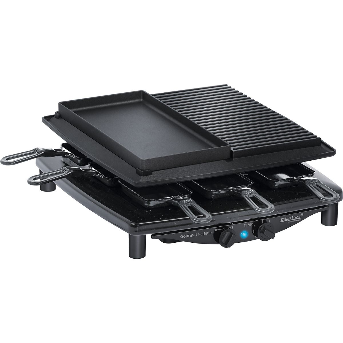 Schwarzer Raclette-Grill mit vier Pfannen und einer Grillplatte, mit Temperaturregelung.