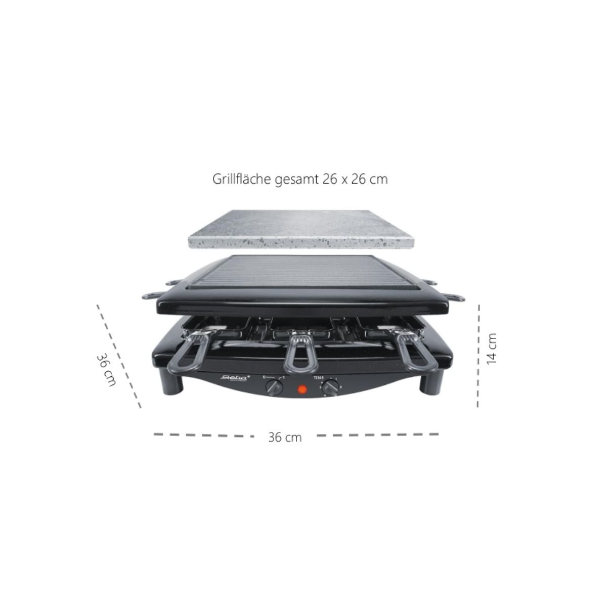 Raclette-Grill mit Stein-Grillfläche, Maße beschriftet und einem Drehregler mit der Aufschrift 'TEMP'.